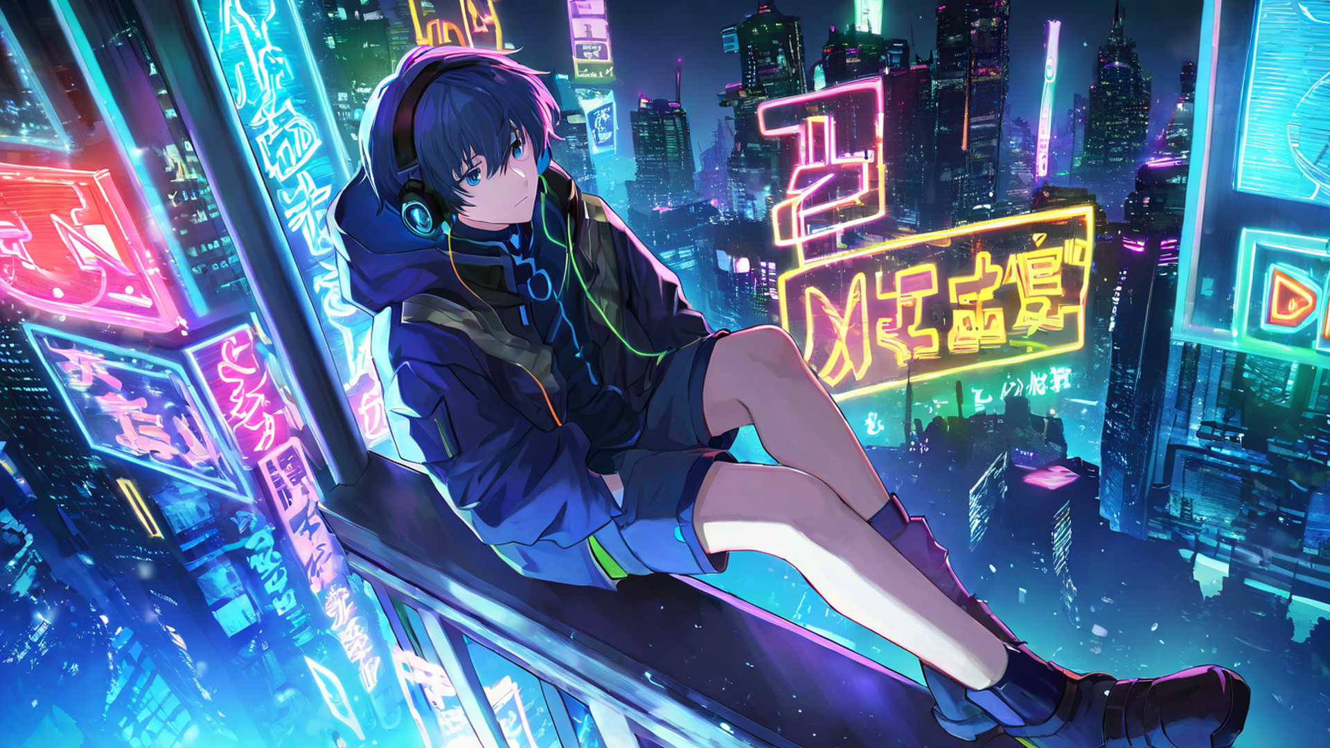 cyberpunk boy rooftop lofi wallpaper