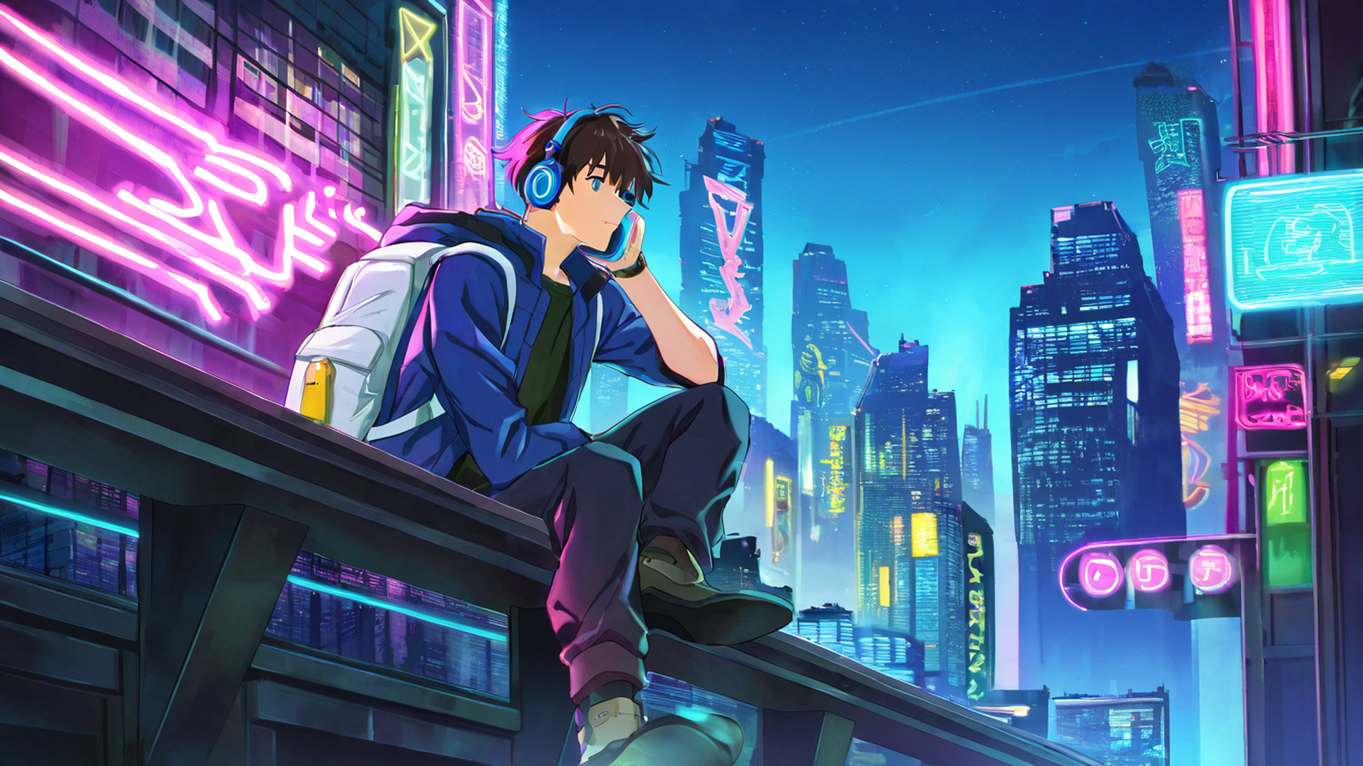 cyberpunk boy rooftop lofi wallpaper