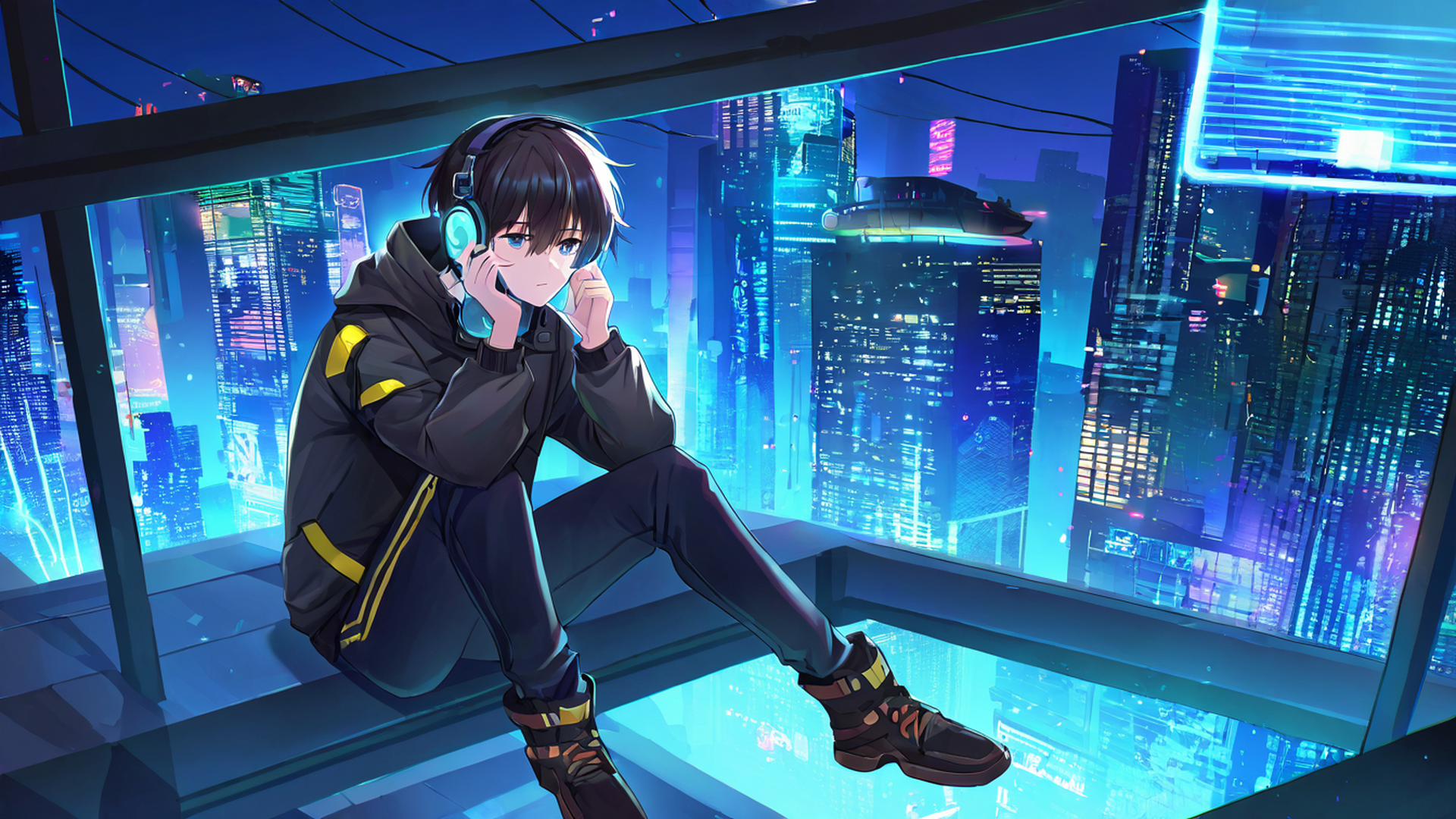cyberpunk boy rooftop lofi wallpaper