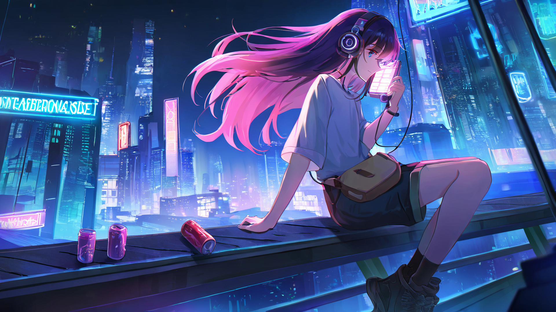 cyberpunk boy rooftop lofi wallpaper