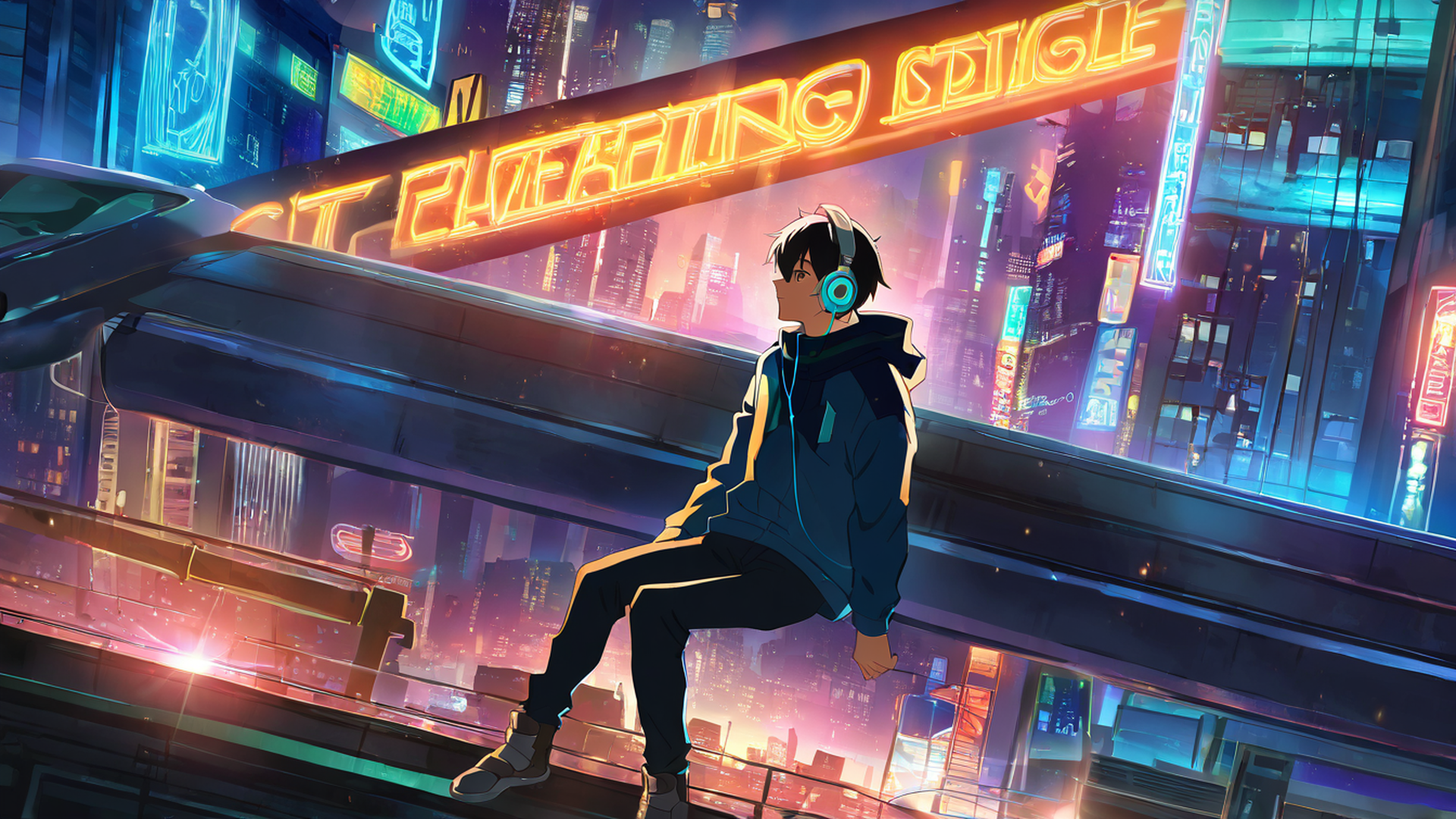 cyberpunk boy rooftop lofi wallpaper