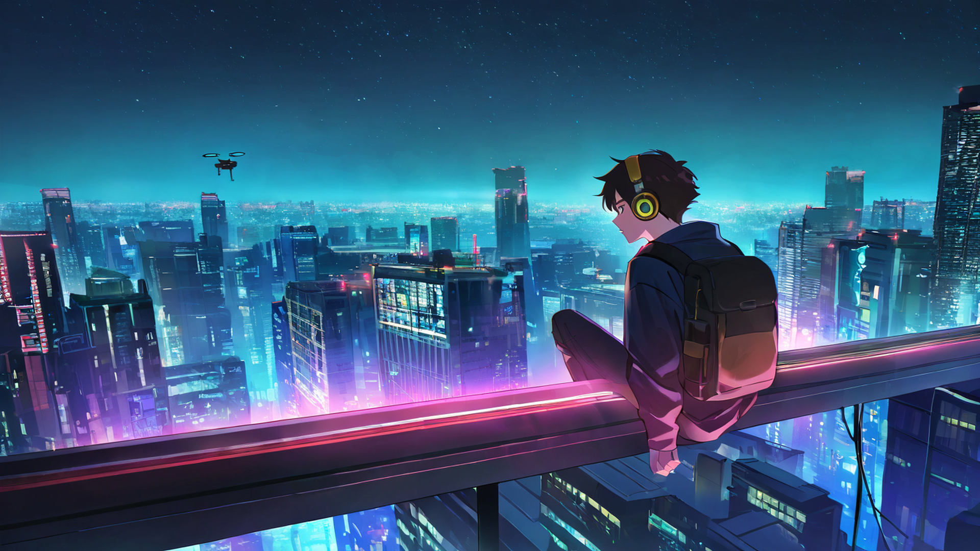 cyberpunk boy rooftop lofi wallpaper