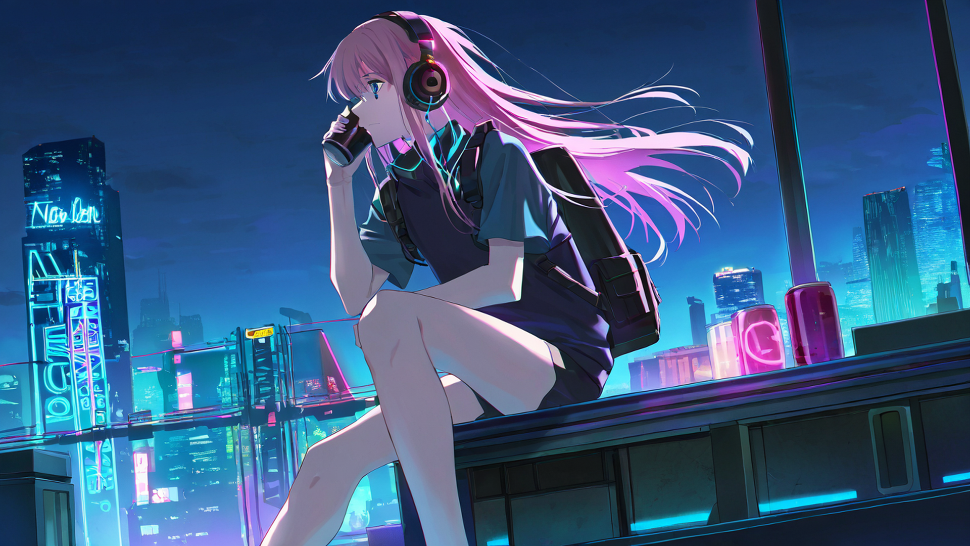 cyberpunk boy rooftop lofi wallpaper