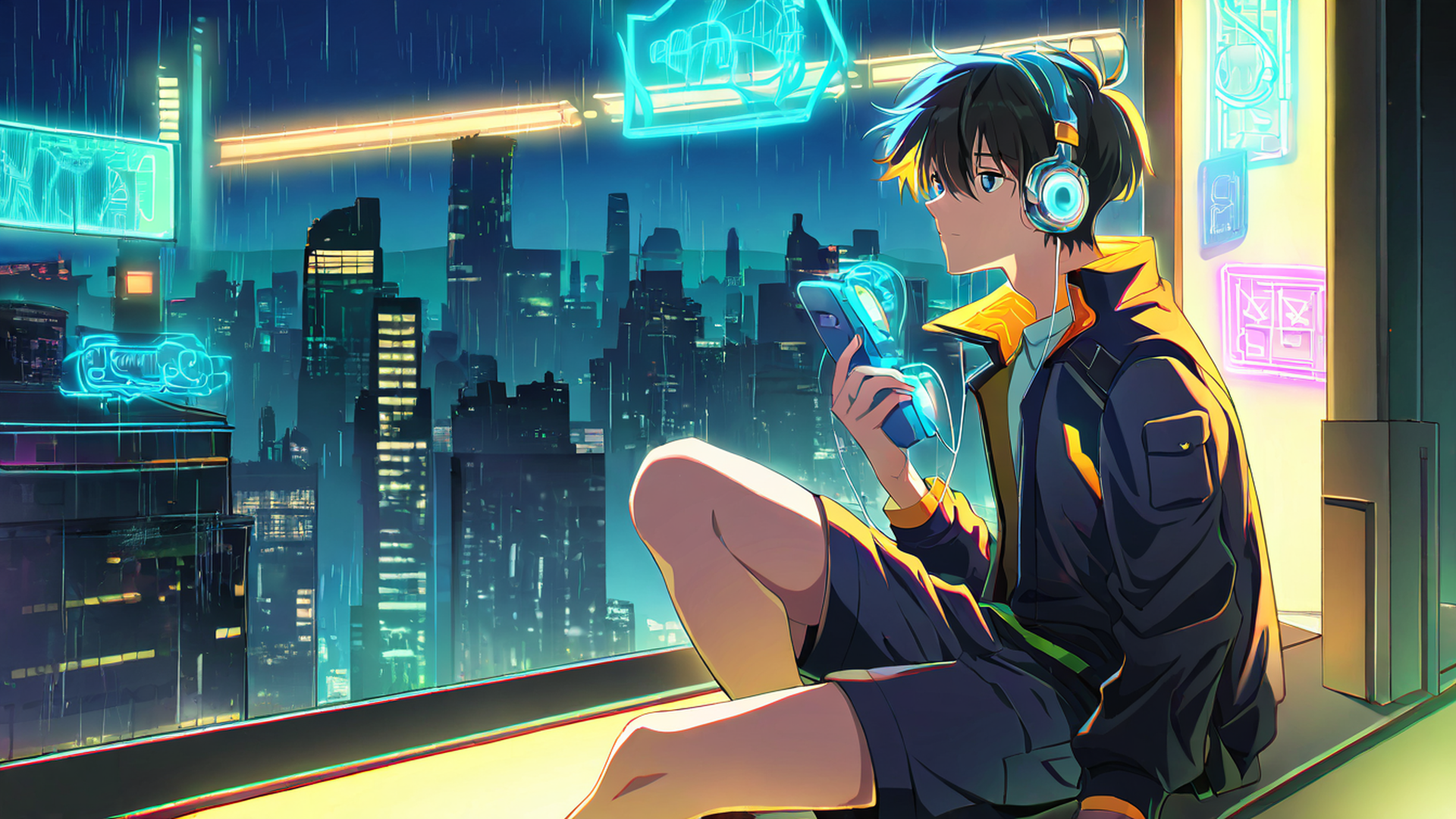 cyberpunk boy rooftop lofi wallpaper