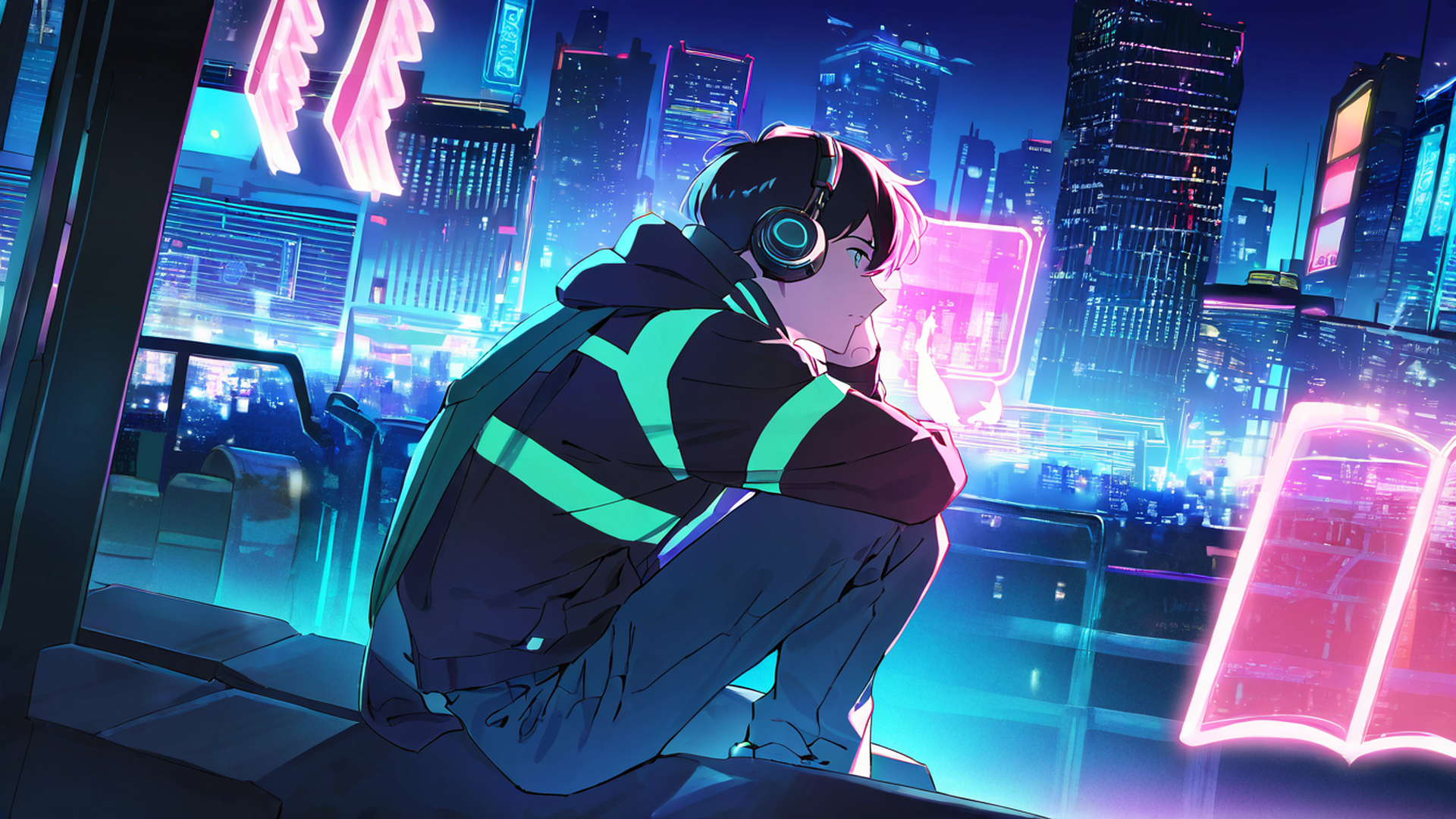 cyberpunk boy rooftop lofi wallpaper
