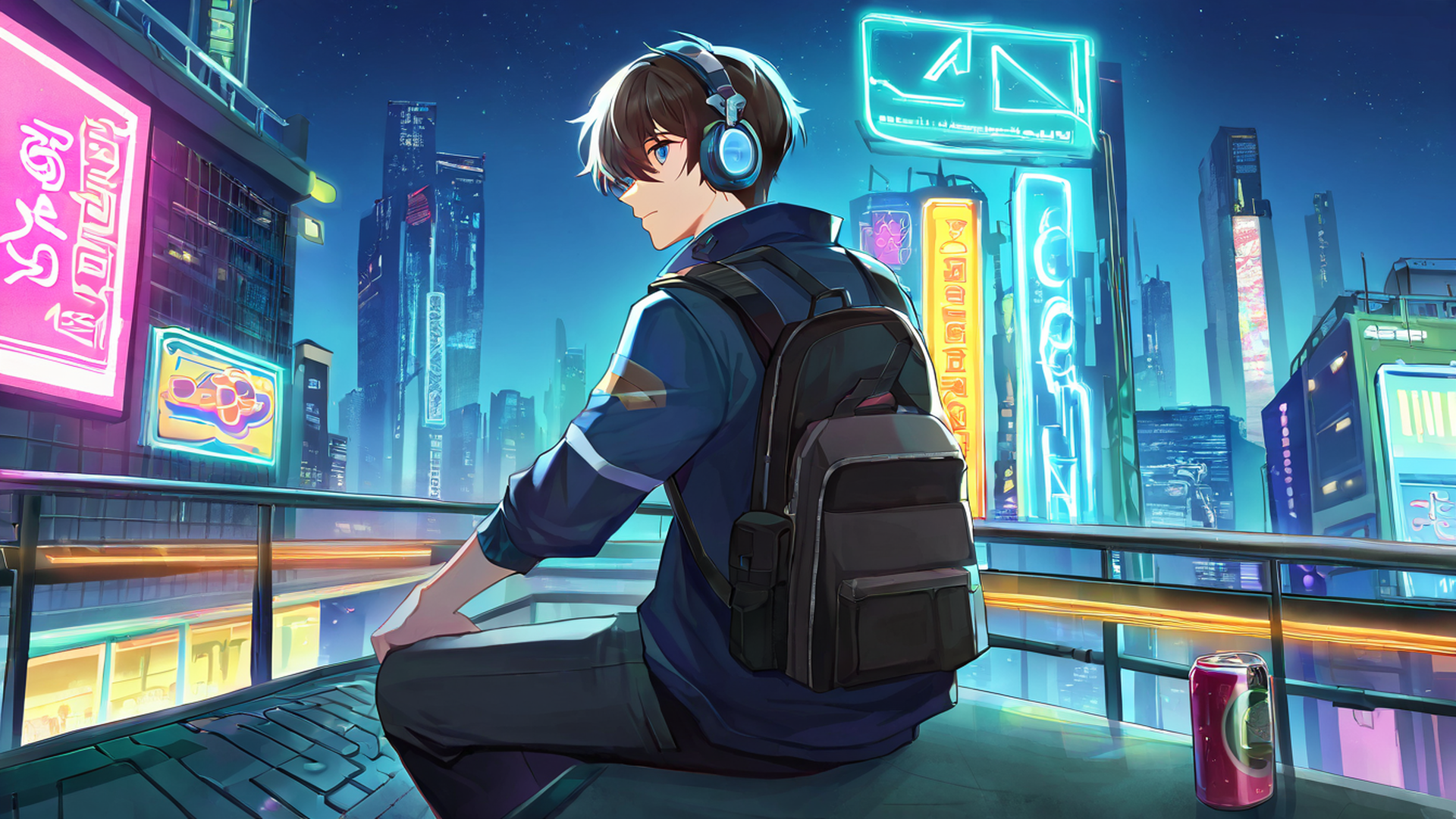 cyberpunk boy rooftop lofi wallpaper