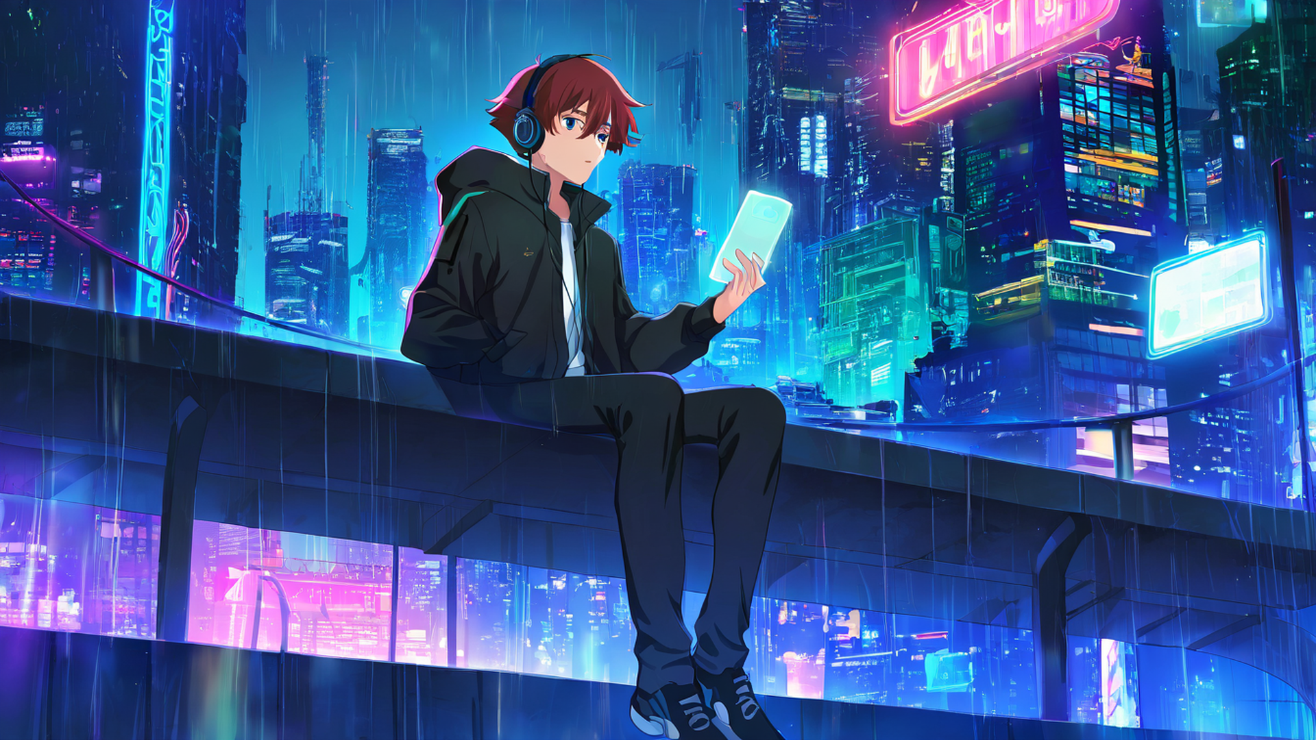 cyberpunk boy rooftop lofi wallpaper