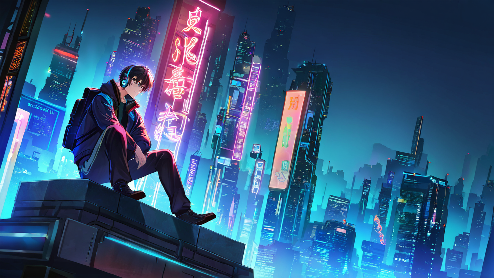 cyberpunk boy rooftop lofi wallpaper