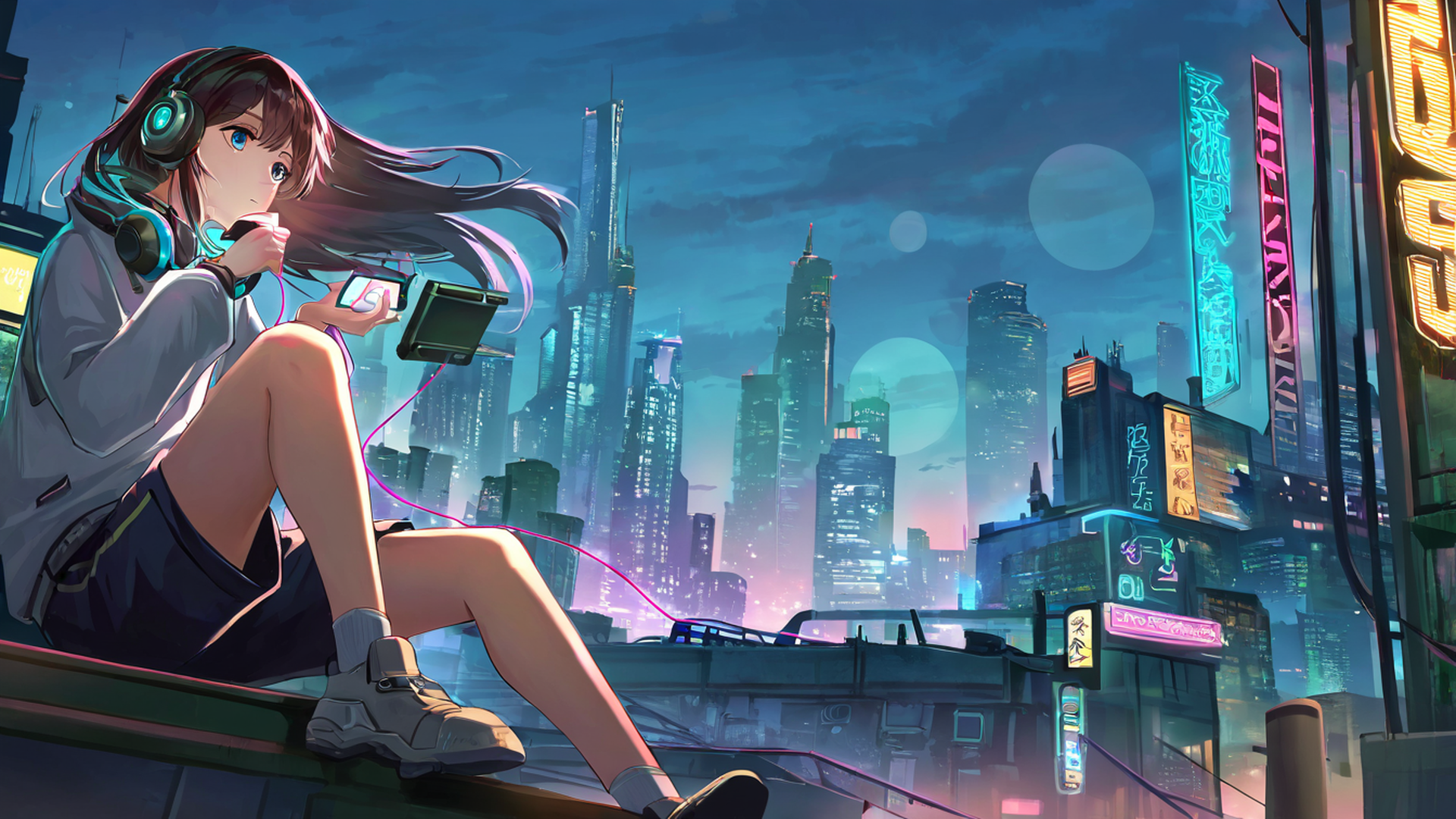 cyberpunk boy rooftop lofi wallpaper