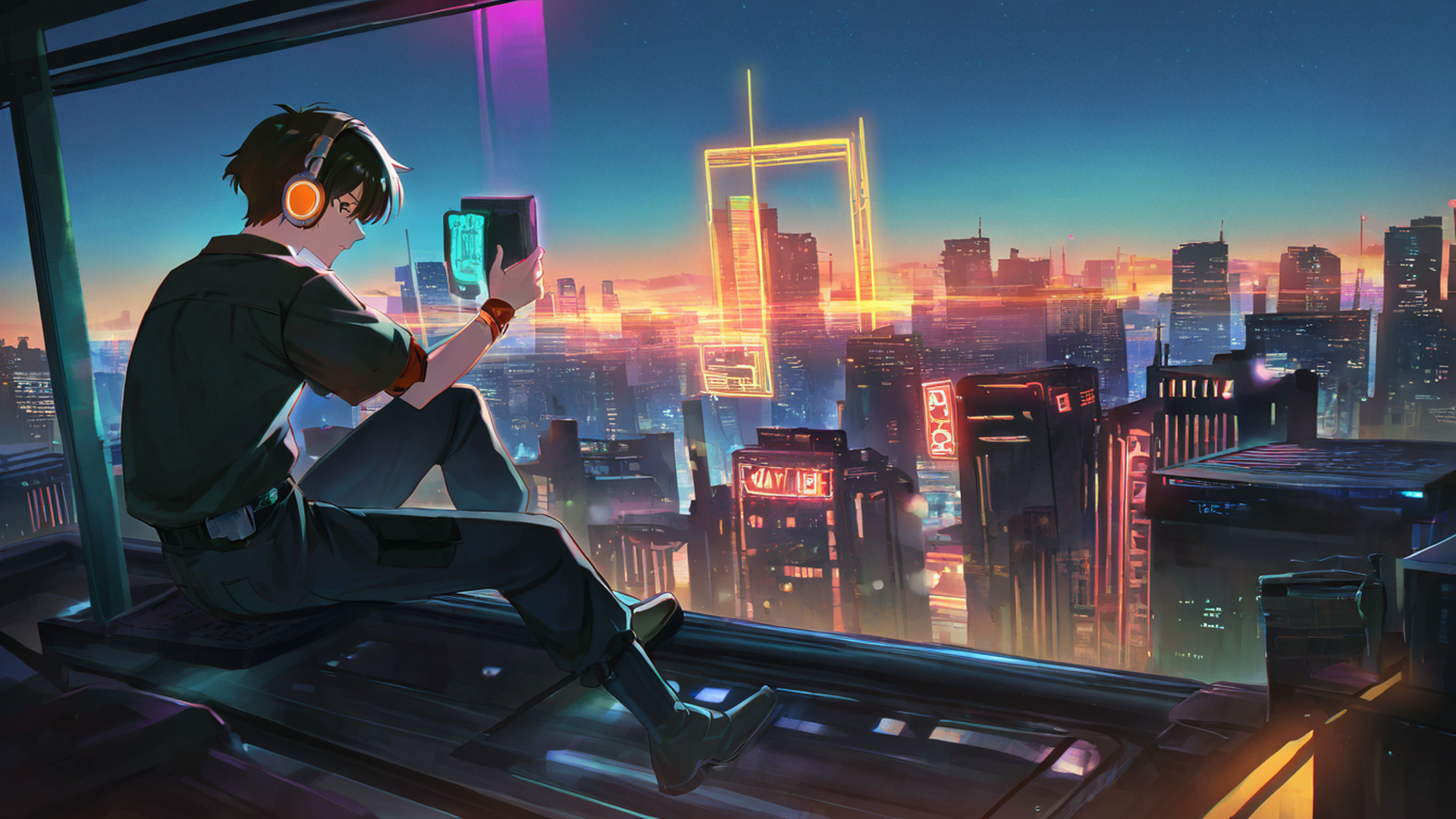 cyberpunk boy rooftop lofi wallpaper
