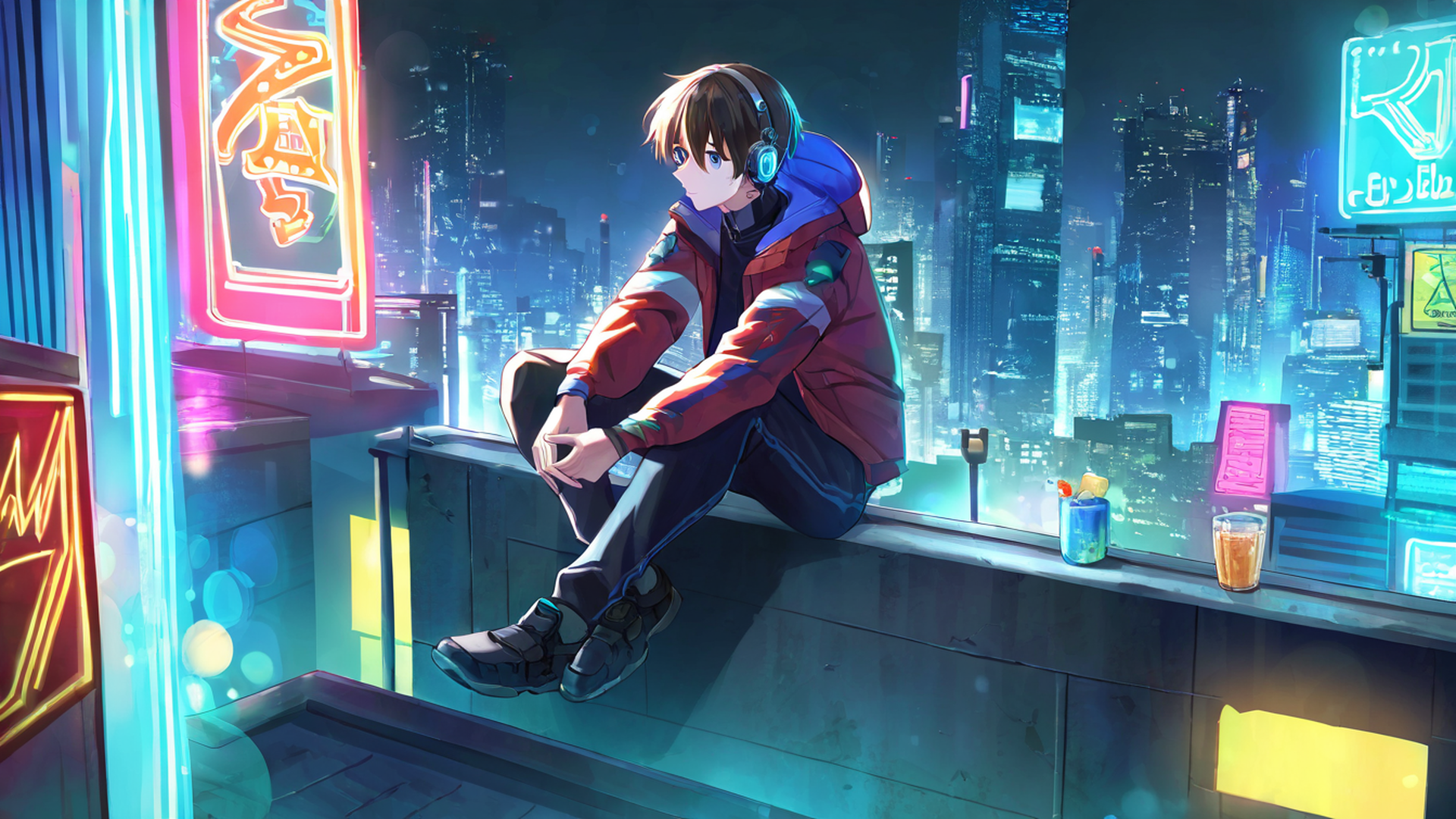 cyberpunk boy rooftop lofi wallpaper