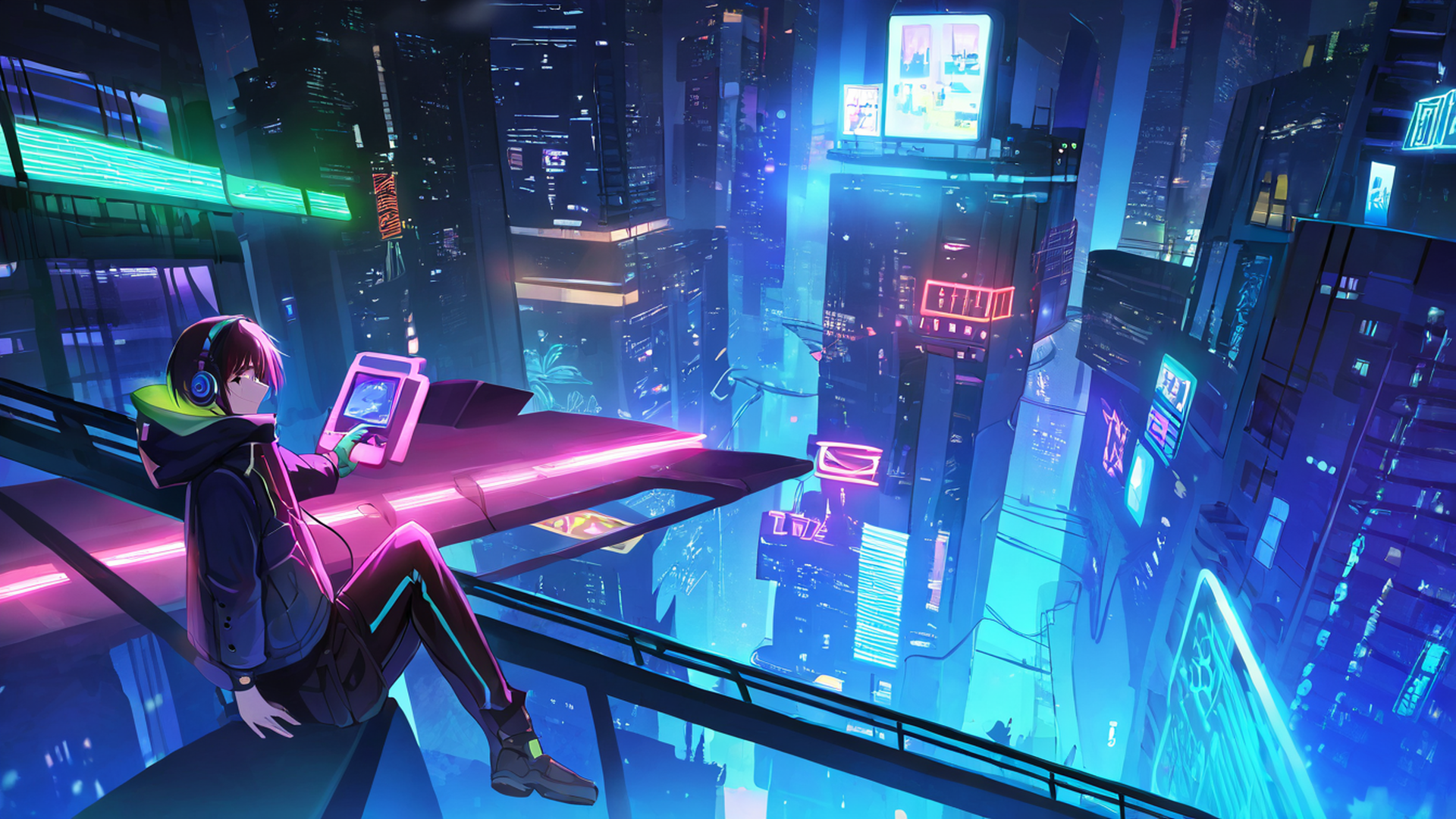 cyberpunk boy rooftop lofi wallpaper