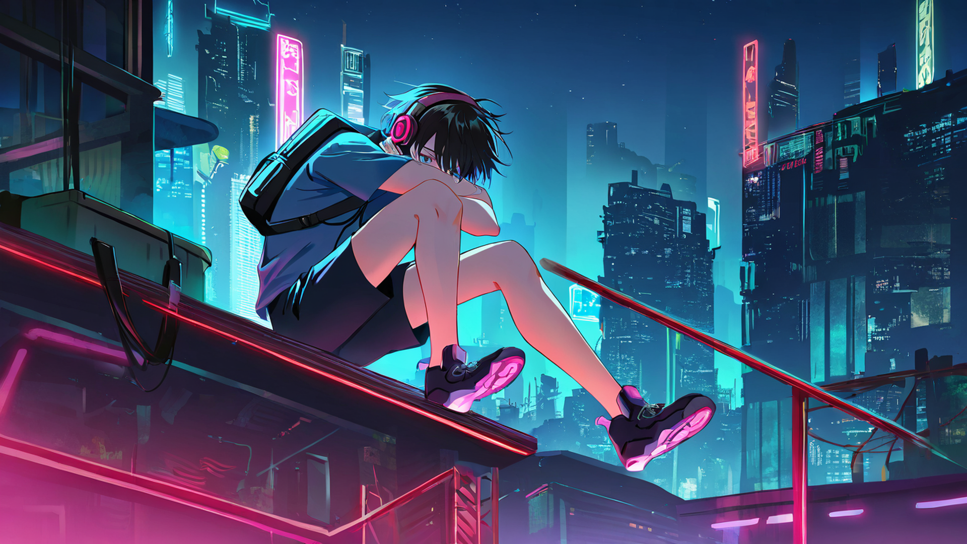 cyberpunk boy rooftop lofi wallpaper