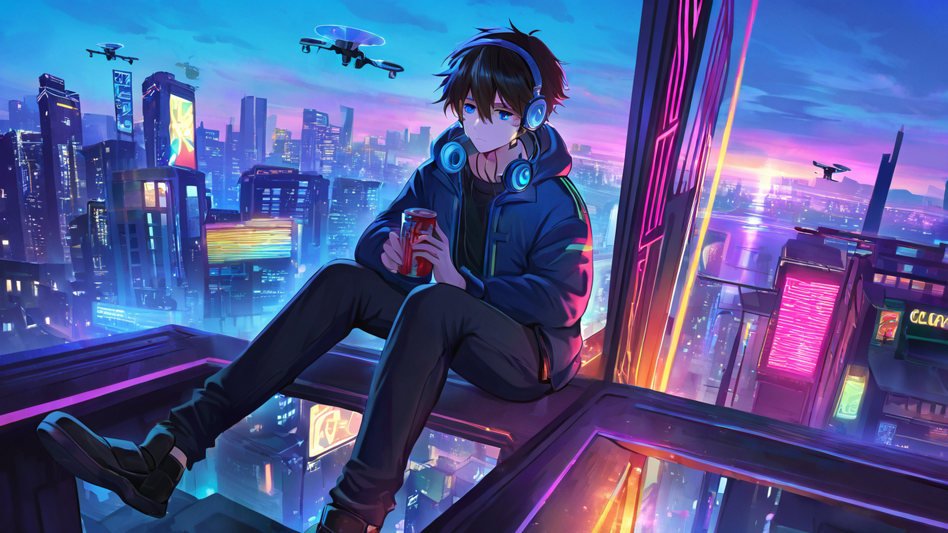 cyberpunk boy rooftop lofi wallpaper