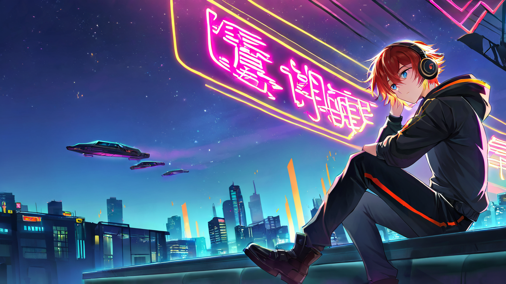cyberpunk boy rooftop lofi wallpaper