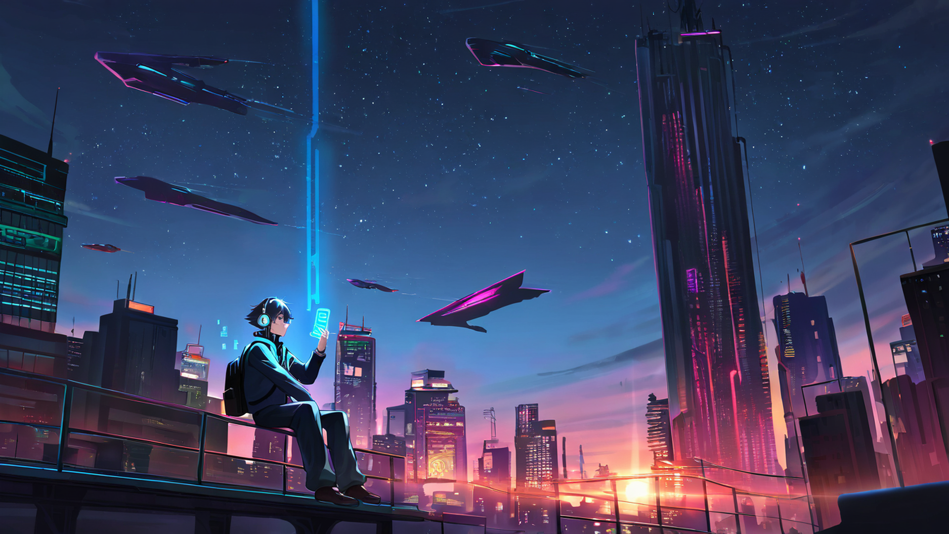 cyberpunk boy rooftop lofi wallpaper