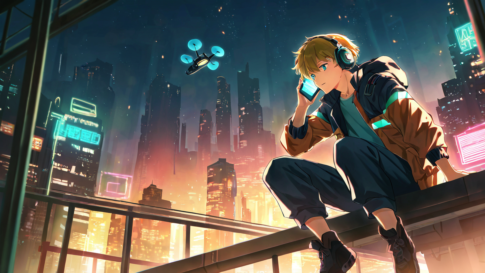 cyberpunk boy rooftop lofi wallpaper