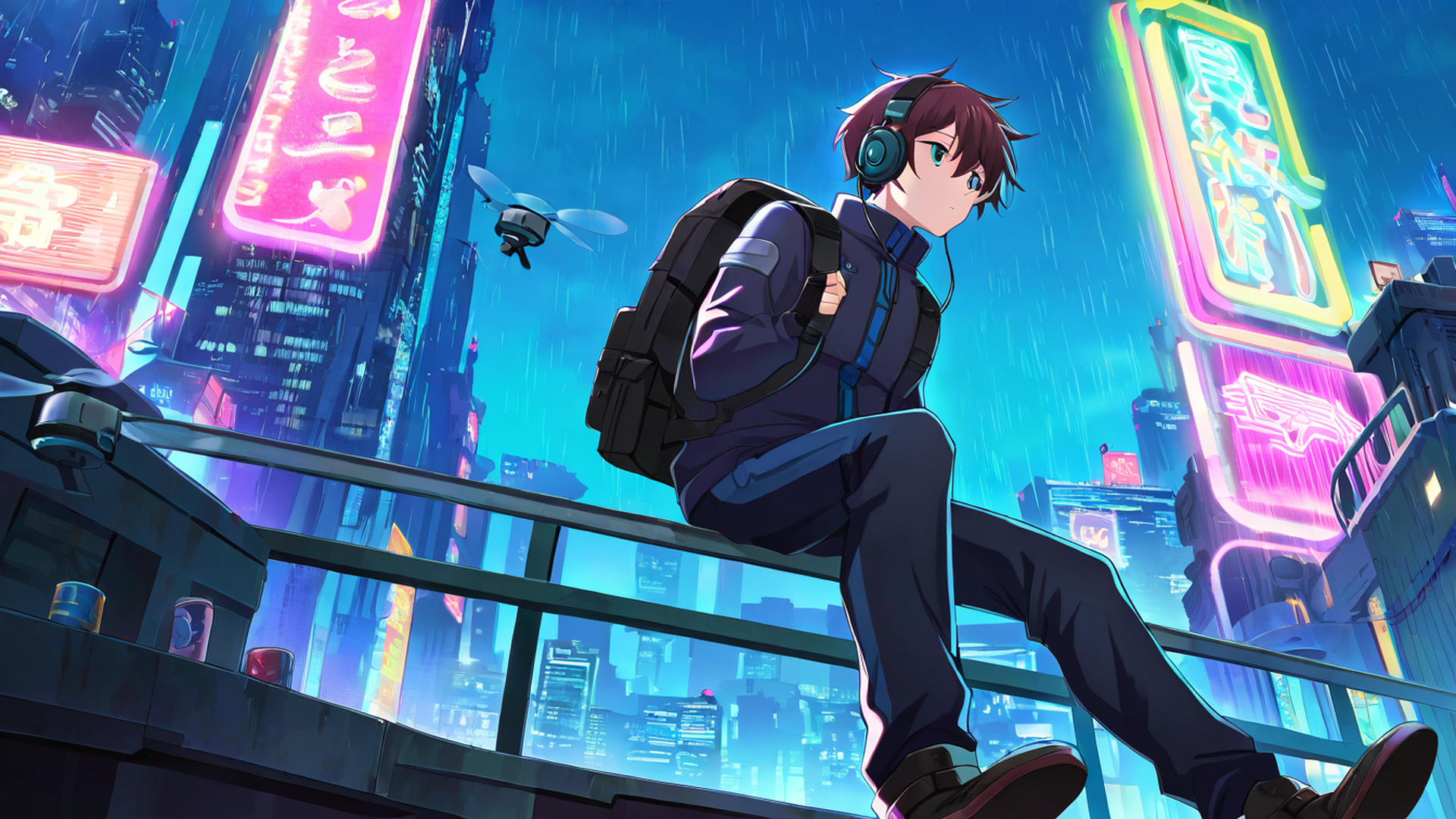 cyberpunk boy rooftop lofi wallpaper