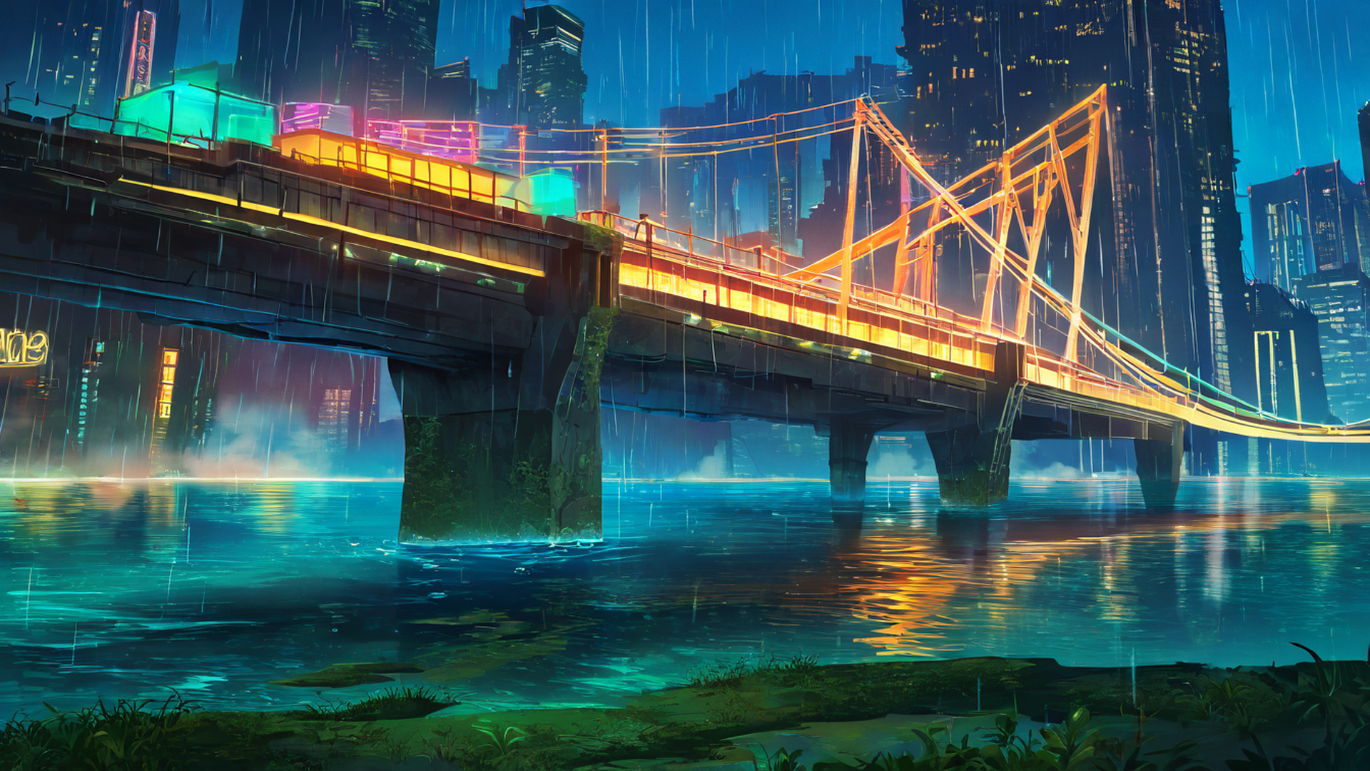 cyberpunk bridge lofi wallpaper