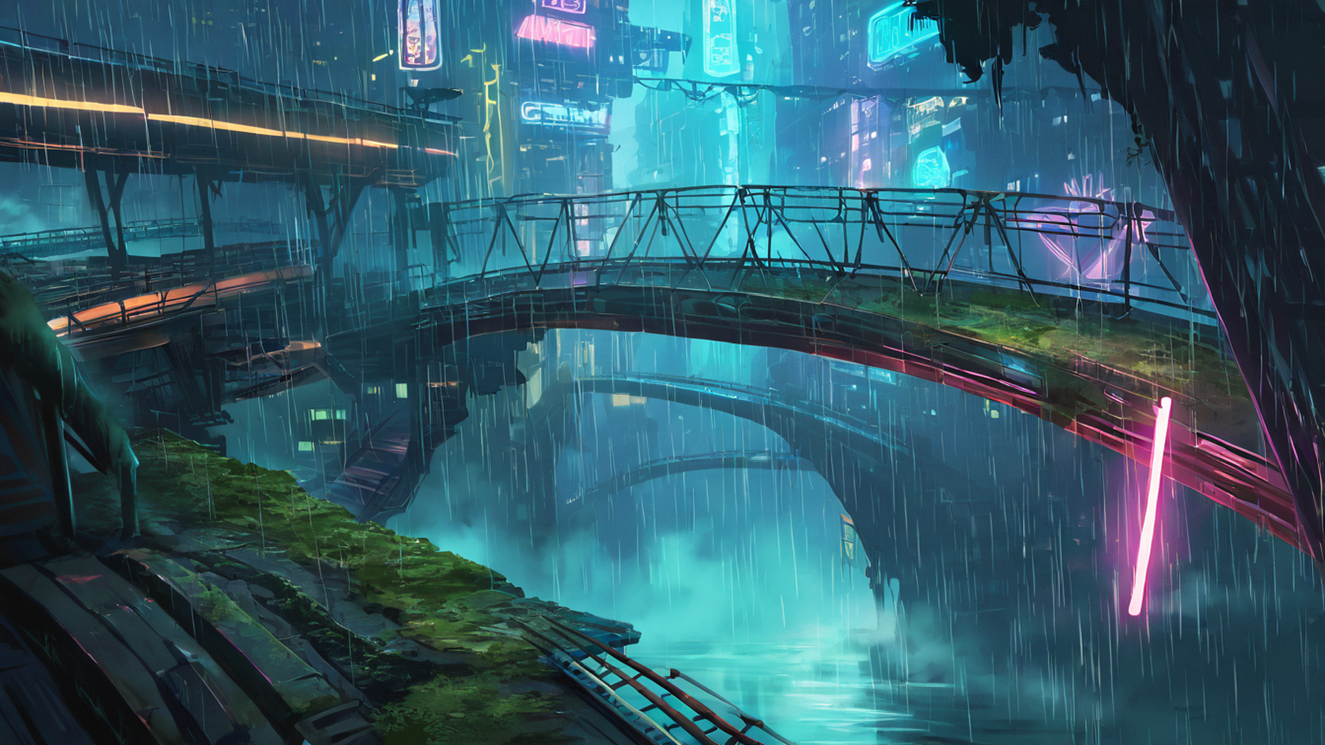 cyberpunk bridge lofi wallpaper