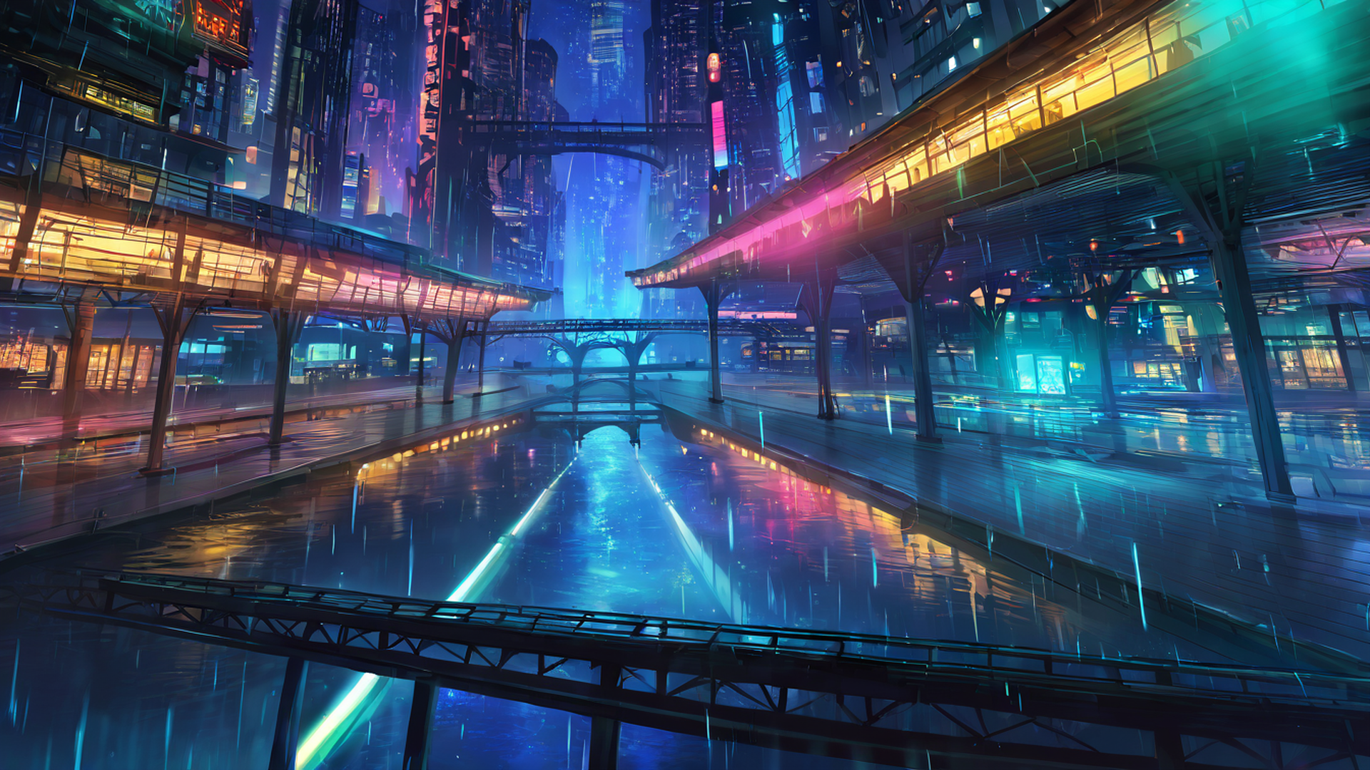 cyberpunk bridge lofi wallpaper