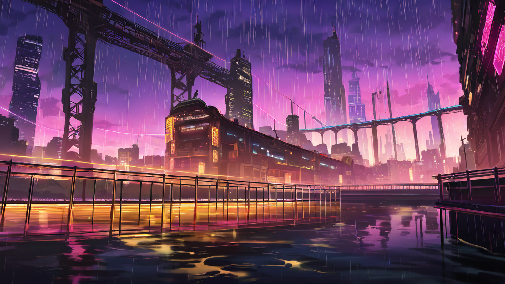 cyberpunk bridge lofi wallpaper