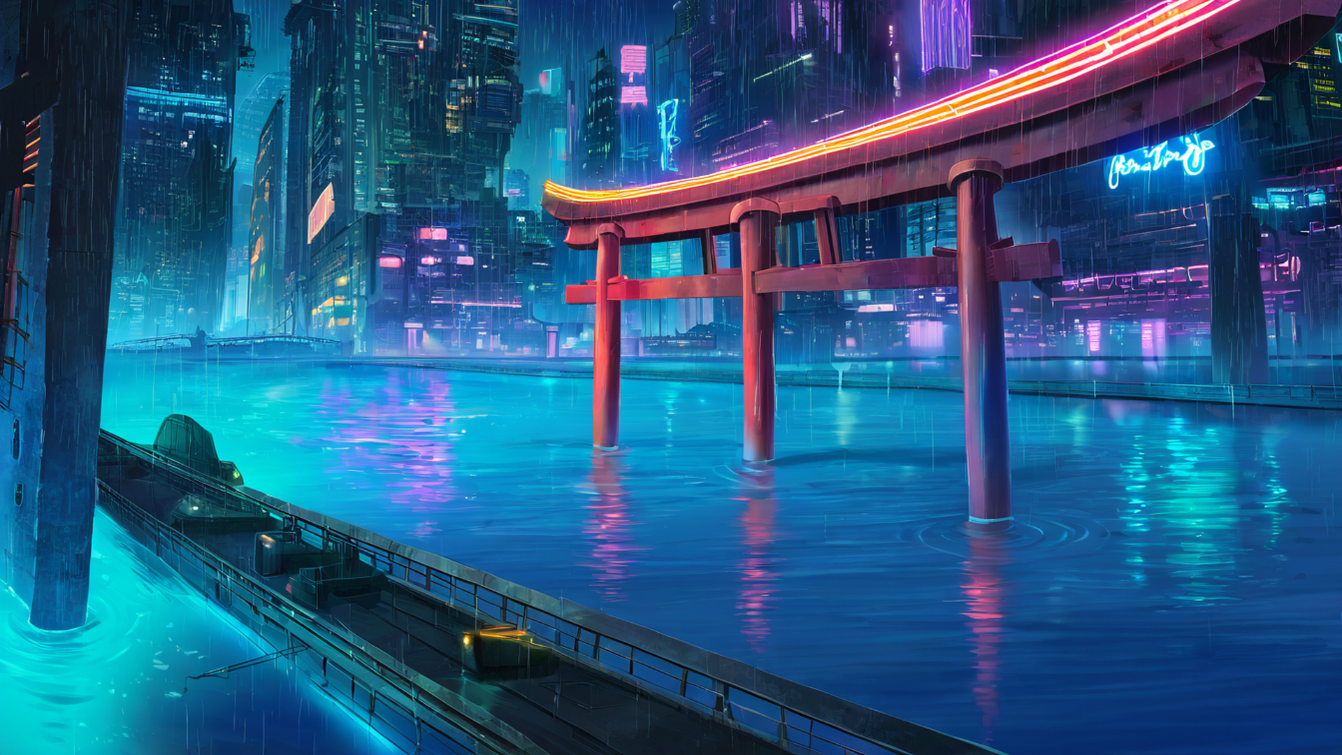 cyberpunk bridge lofi wallpaper