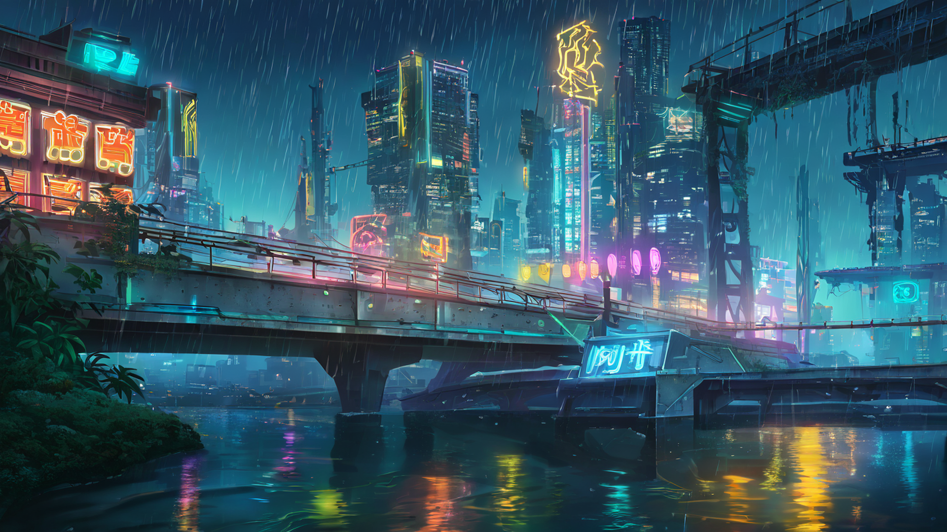 cyberpunk bridge lofi wallpaper