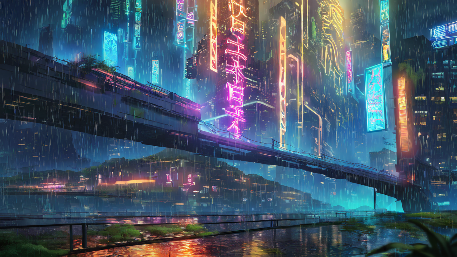 cyberpunk bridge lofi wallpaper