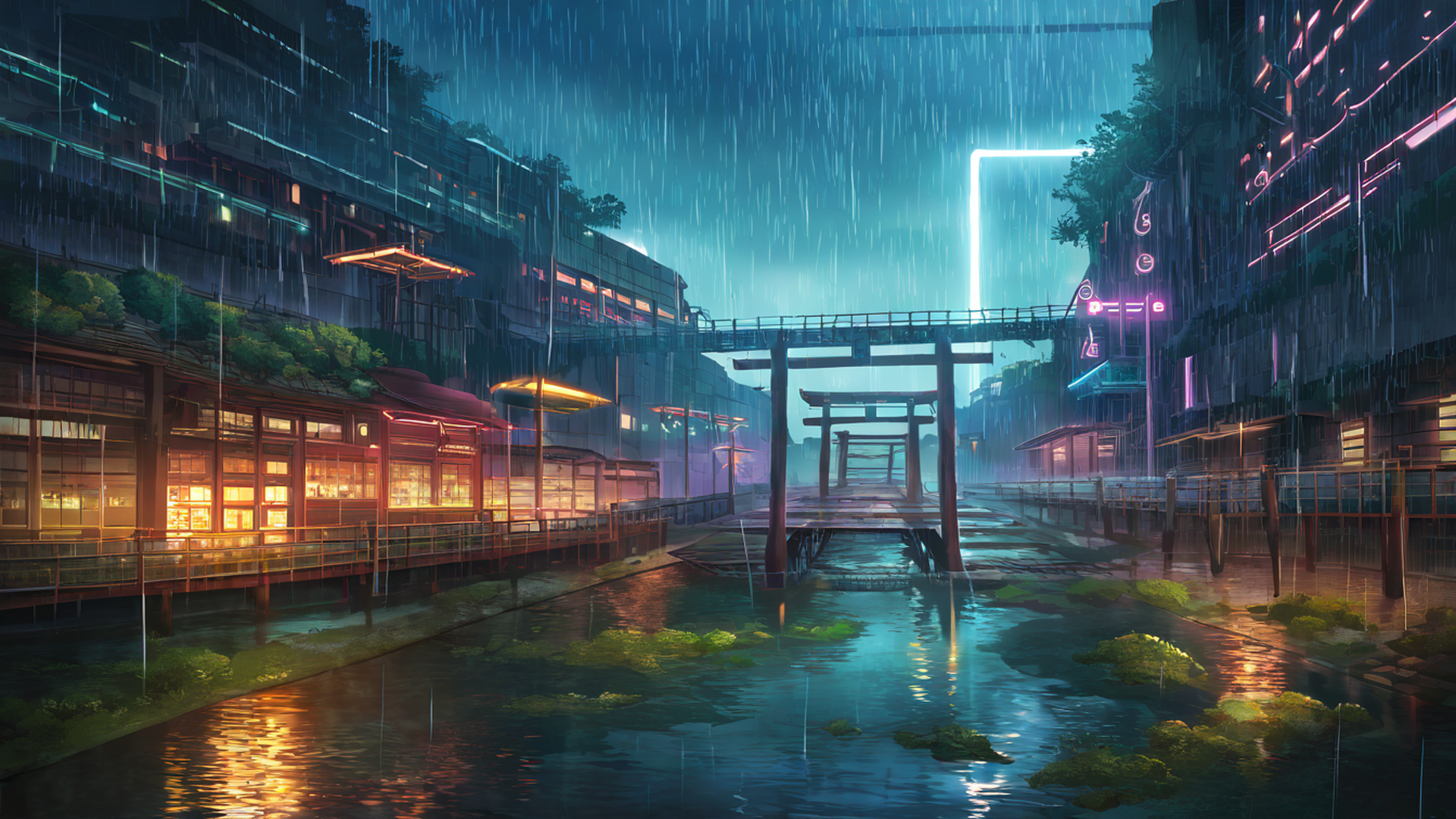 cyberpunk bridge lofi wallpaper