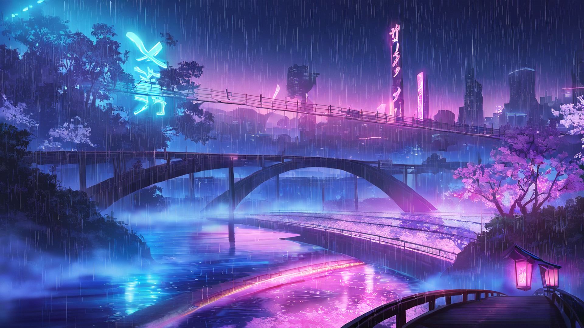 cyberpunk bridge lofi wallpaper