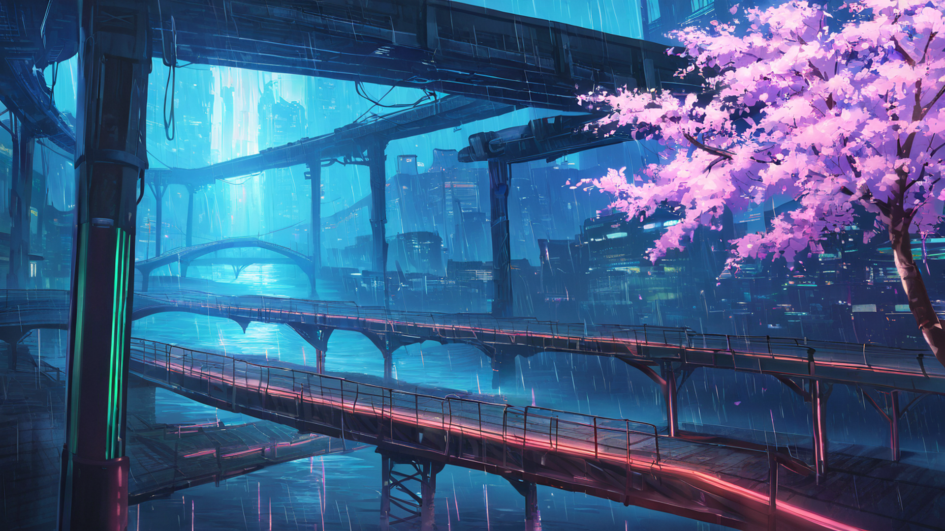 cyberpunk bridge lofi wallpaper