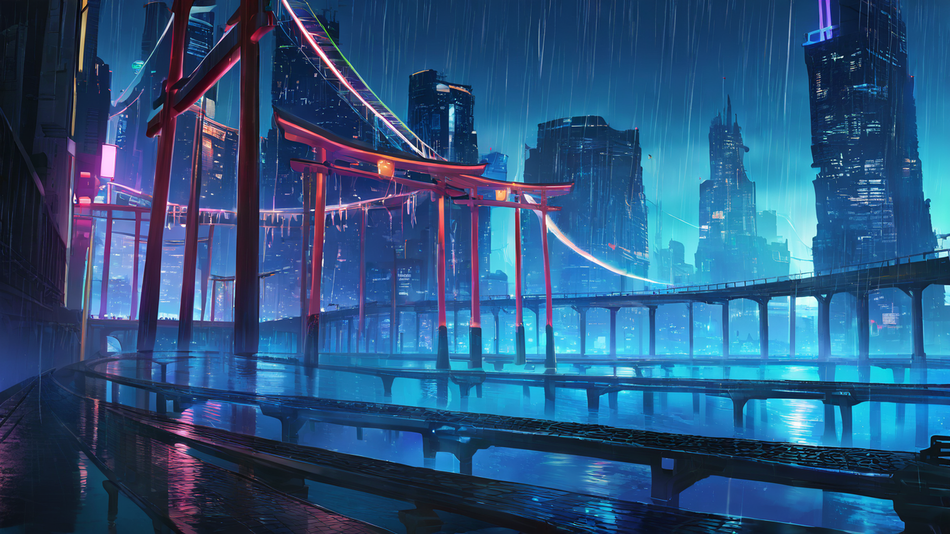 cyberpunk bridge lofi wallpaper