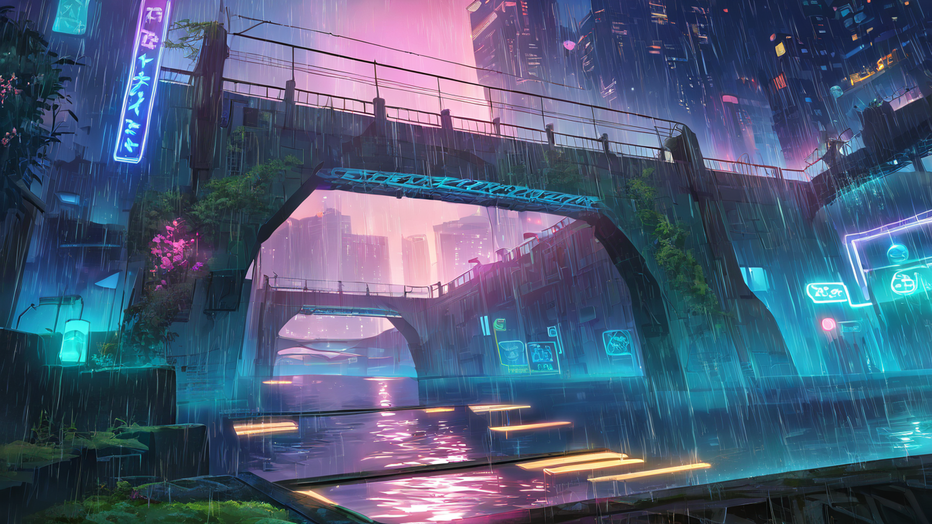 cyberpunk bridge lofi wallpaper