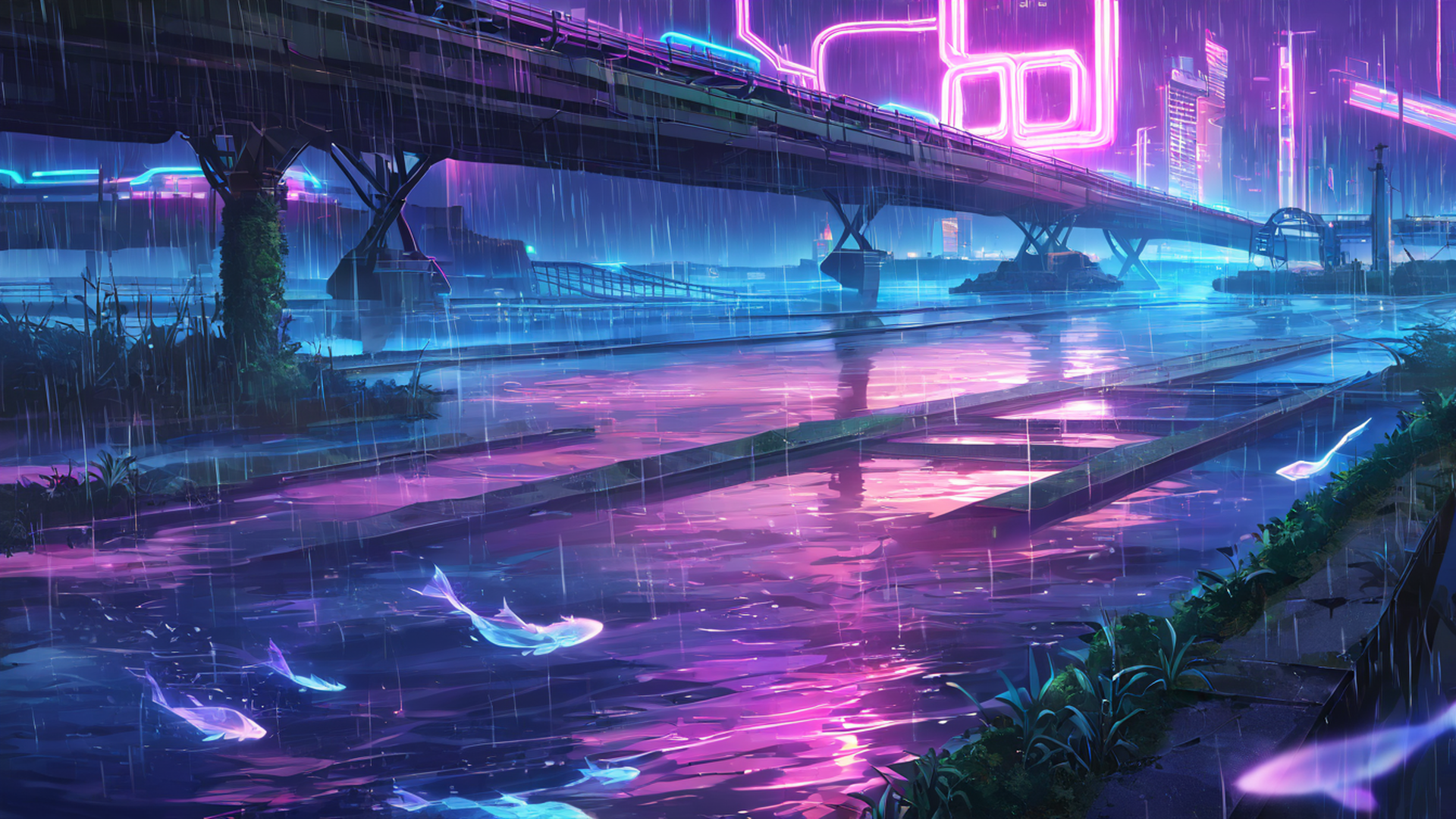 cyberpunk bridge lofi wallpaper