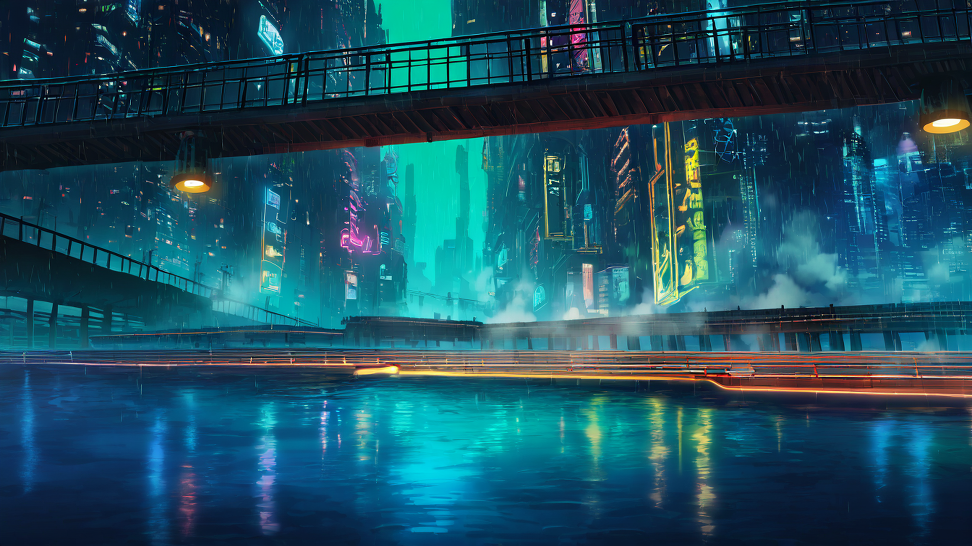cyberpunk bridge lofi wallpaper