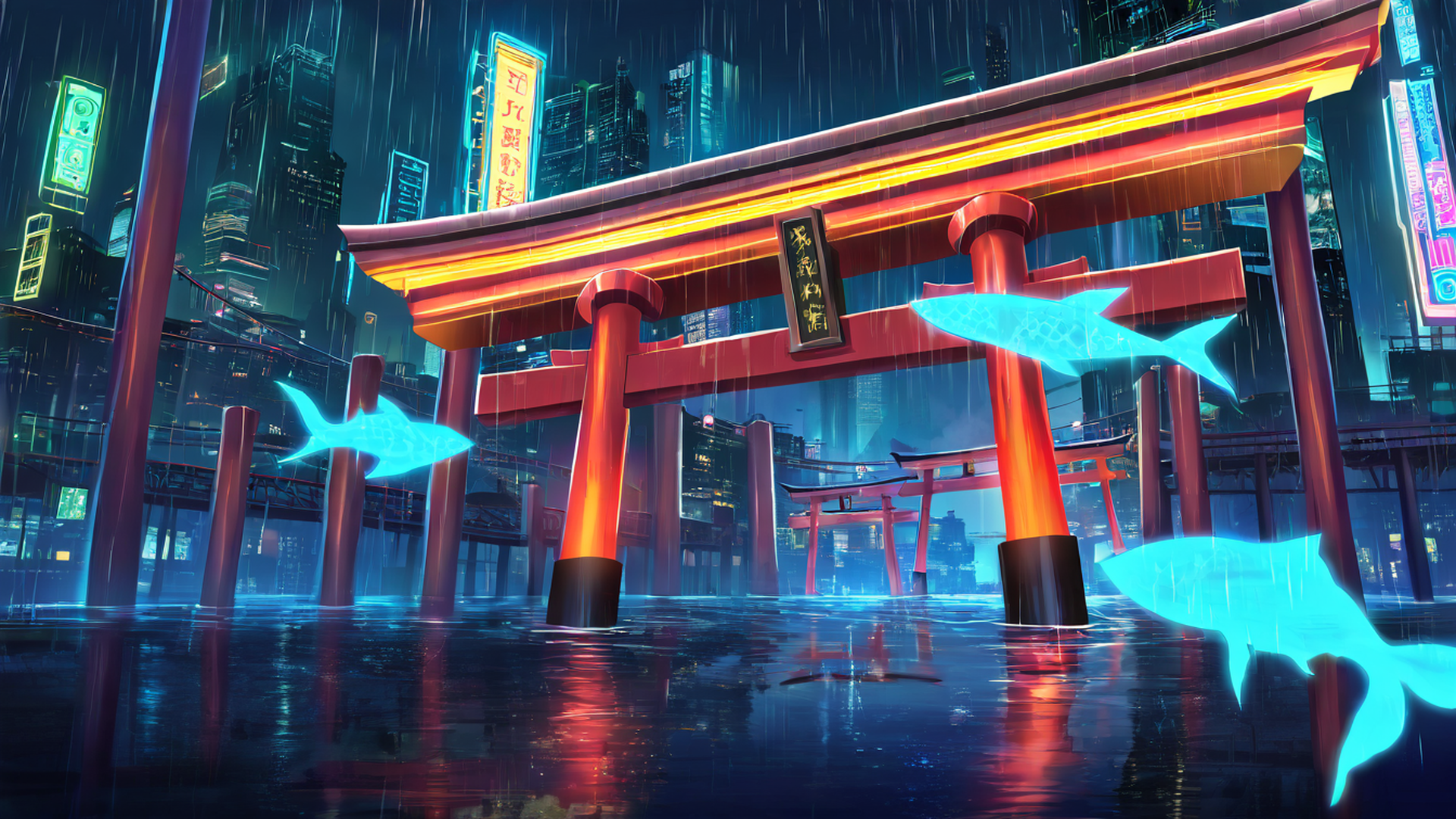 cyberpunk bridge lofi wallpaper