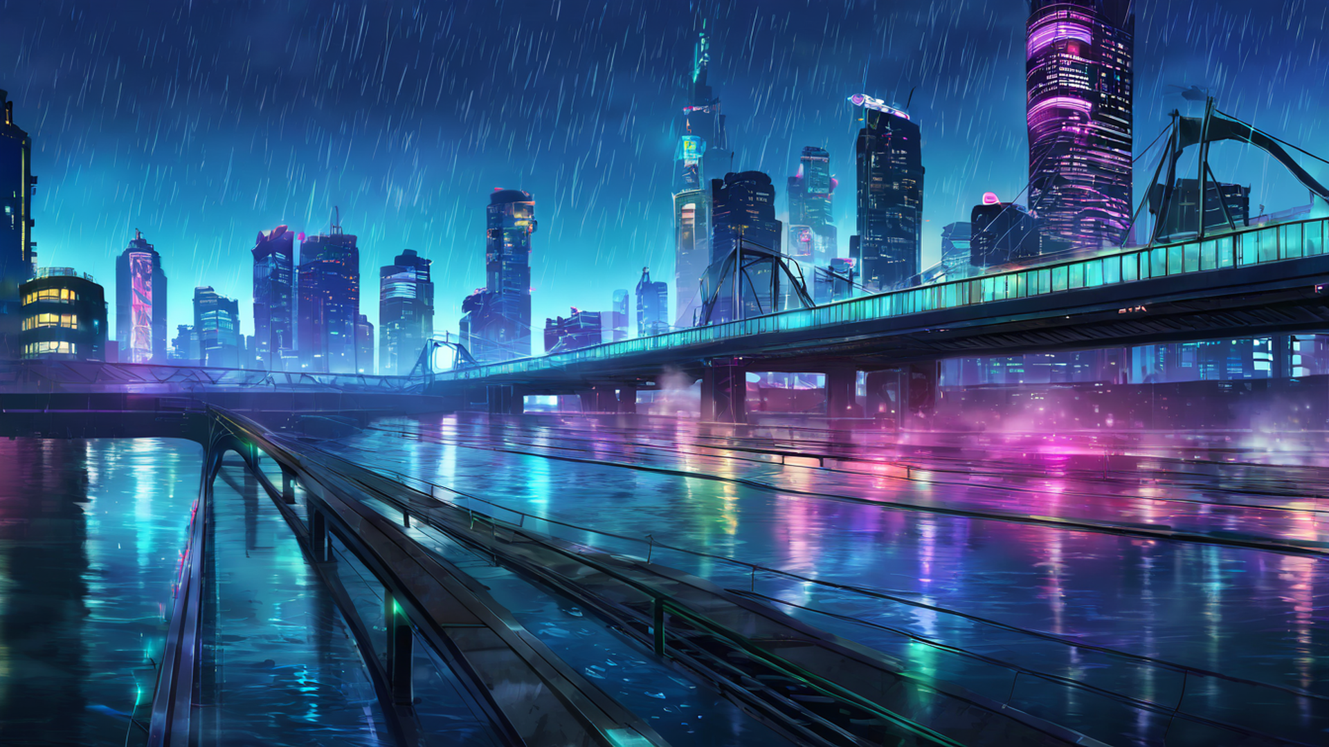 cyberpunk bridge lofi wallpaper