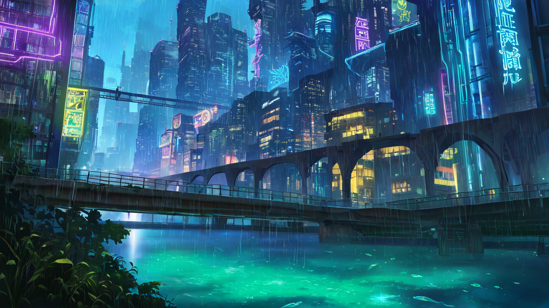 cyberpunk bridge lofi wallpaper