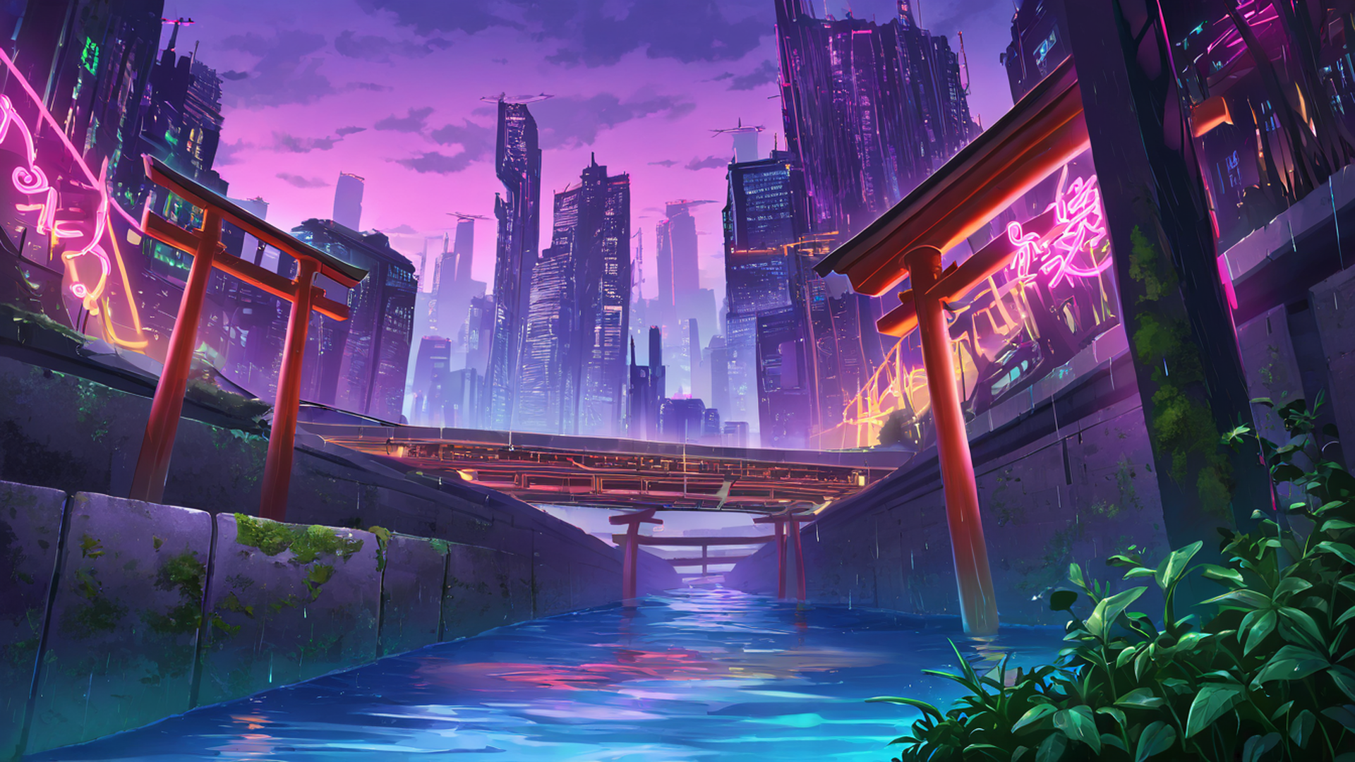 cyberpunk bridge lofi wallpaper