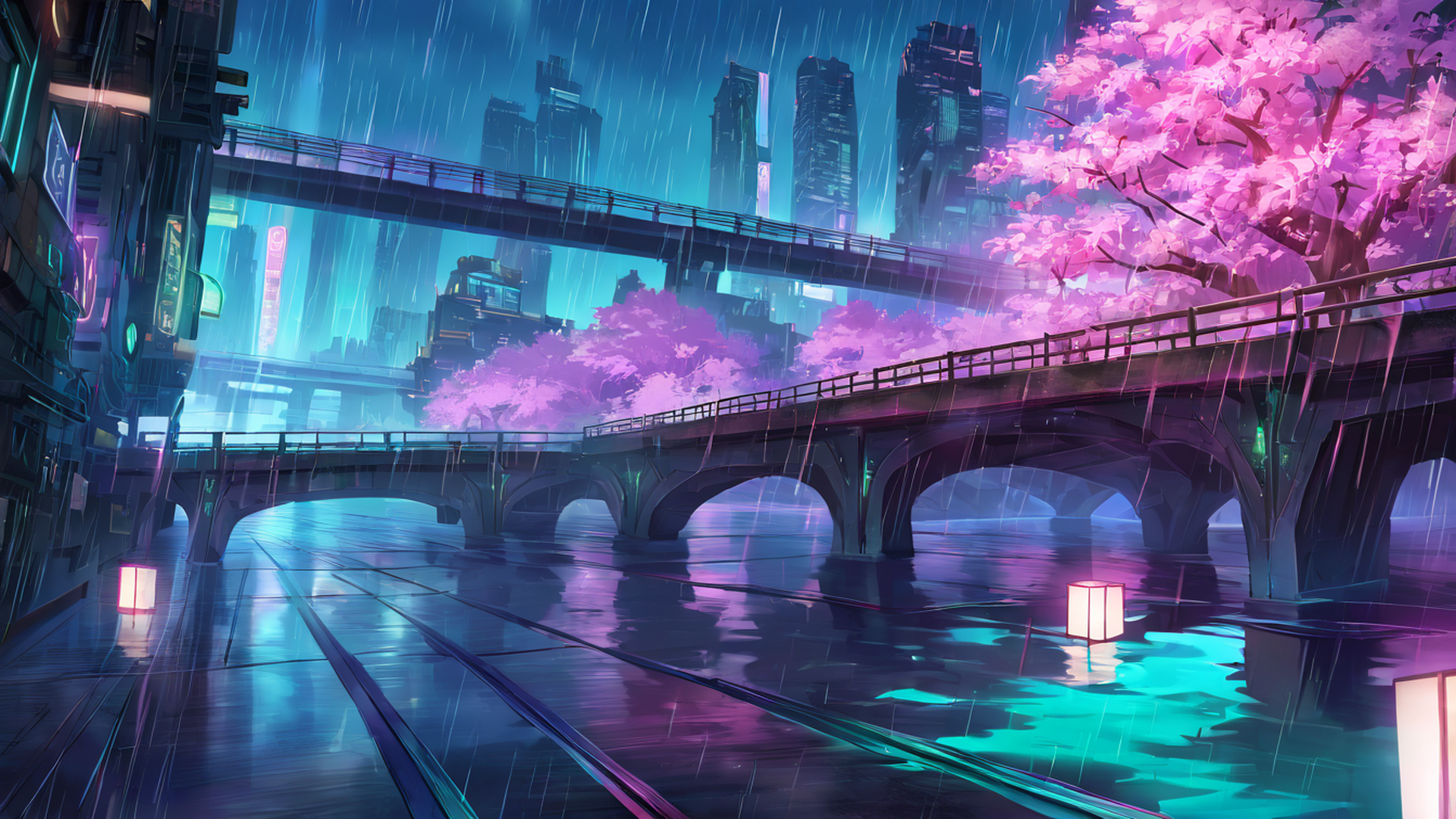 cyberpunk bridge lofi wallpaper
