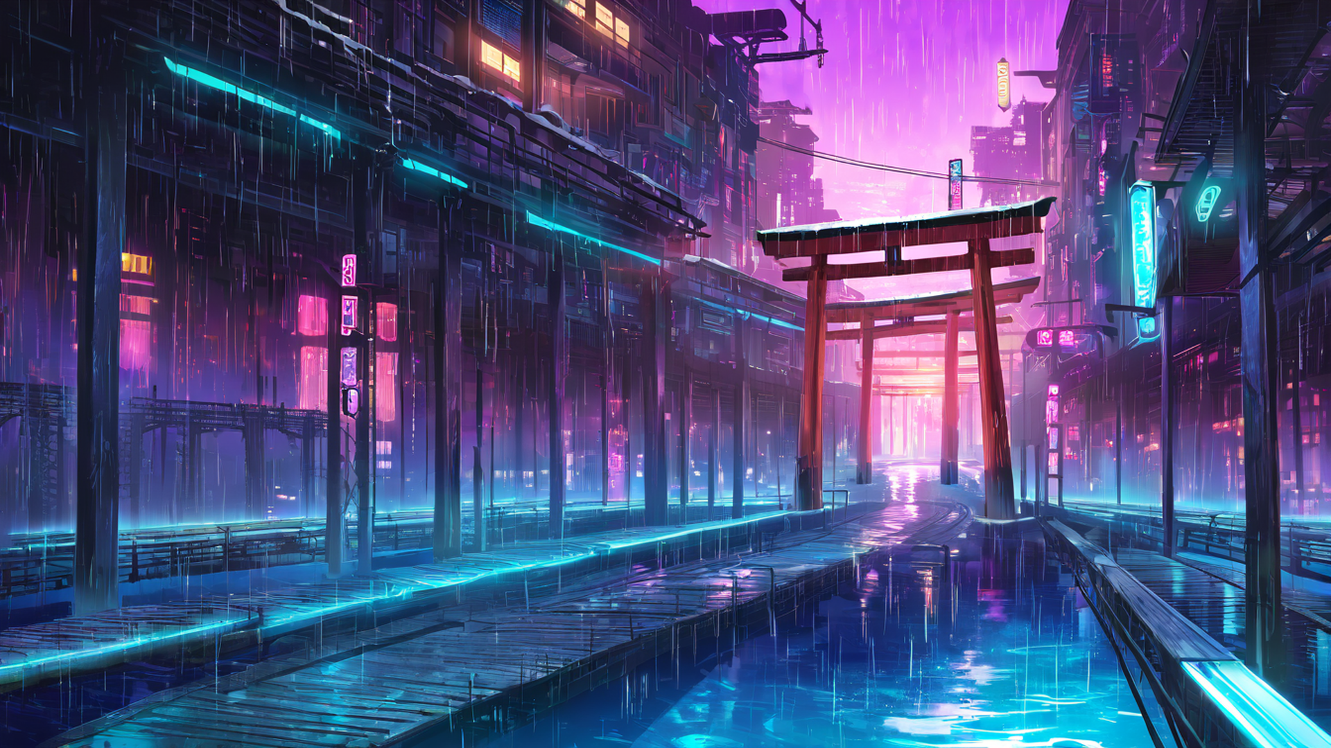 cyberpunk bridge lofi wallpaper
