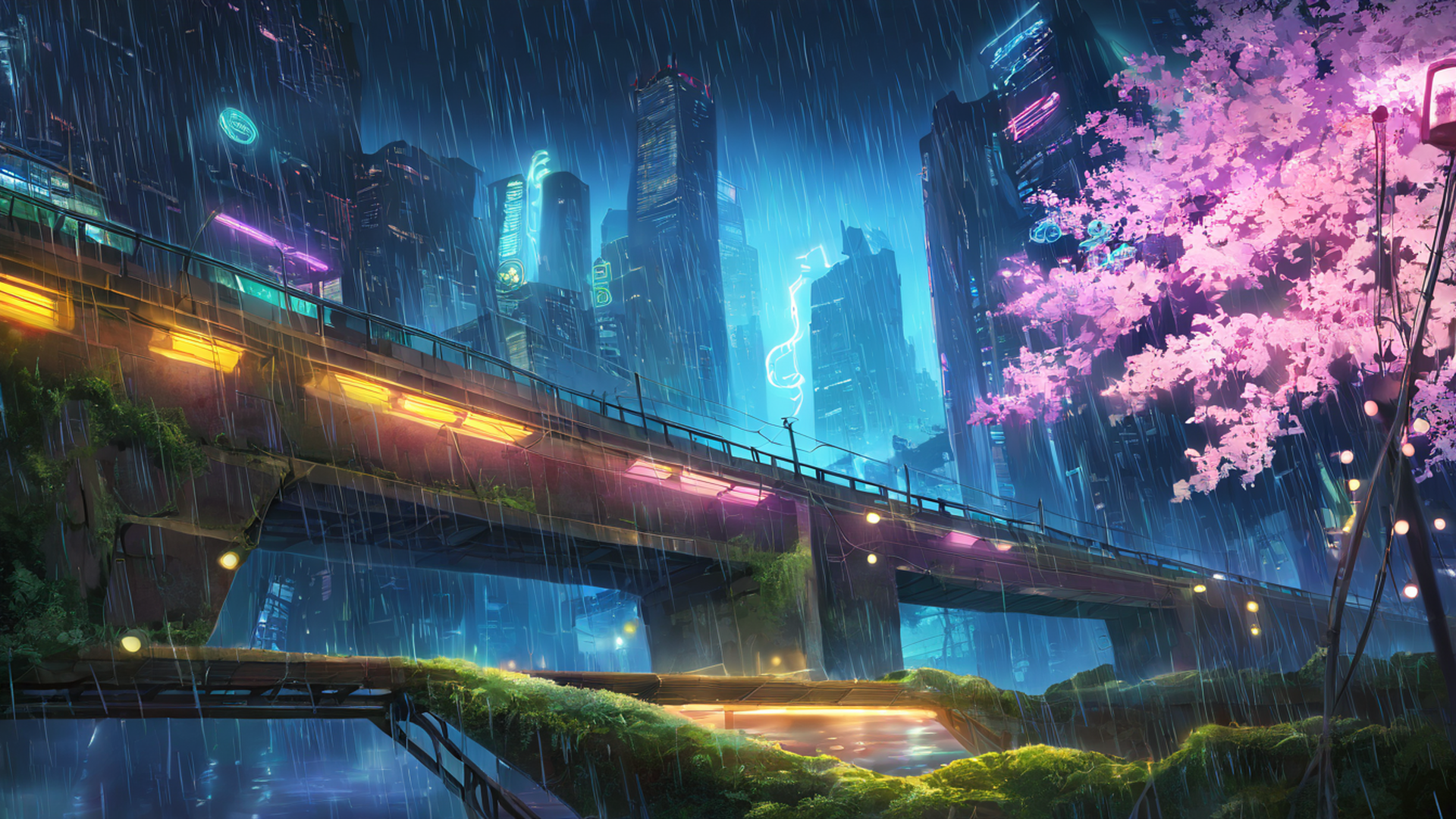 cyberpunk bridge lofi wallpaper