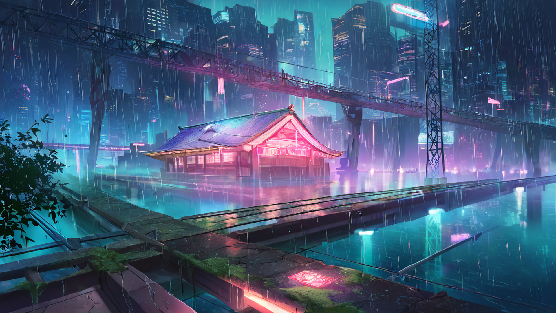 cyberpunk bridge lofi wallpaper
