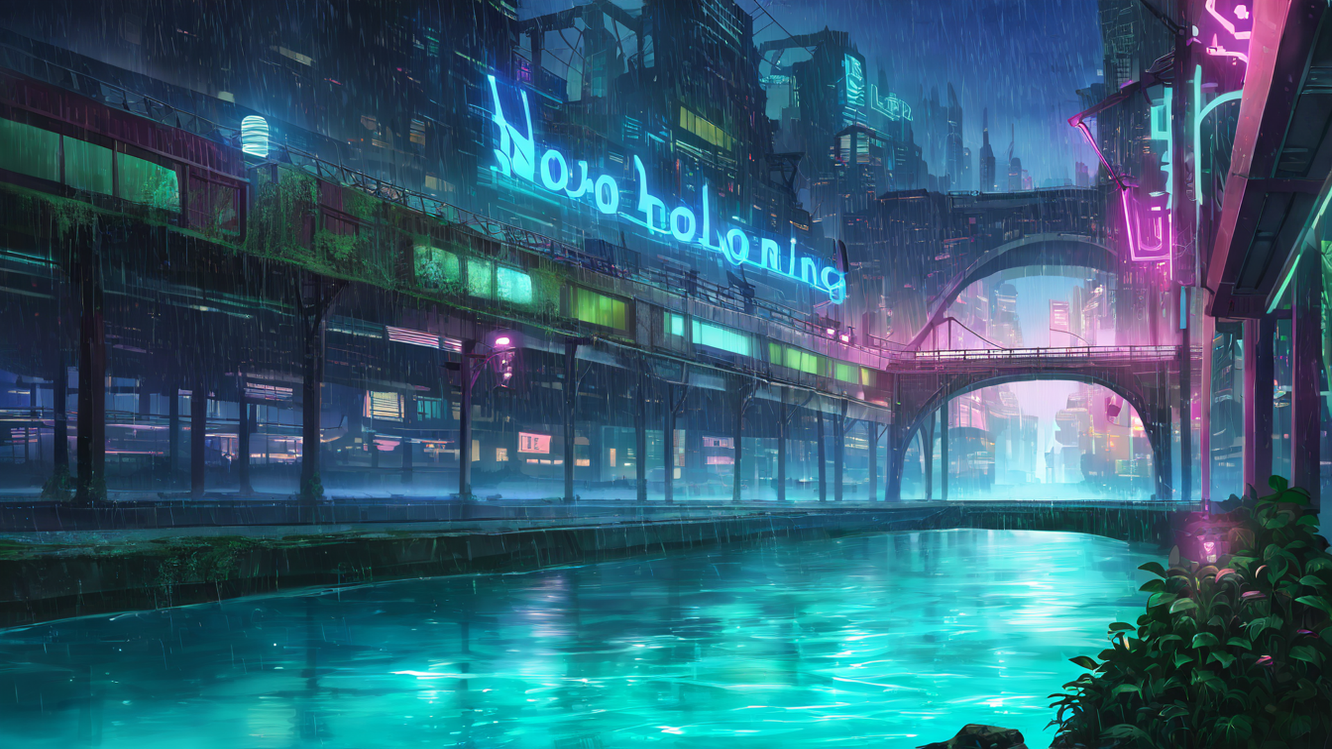 cyberpunk bridge lofi wallpaper