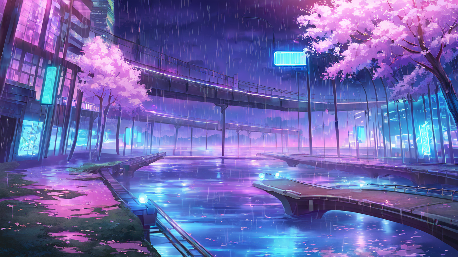 cyberpunk bridge lofi wallpaper