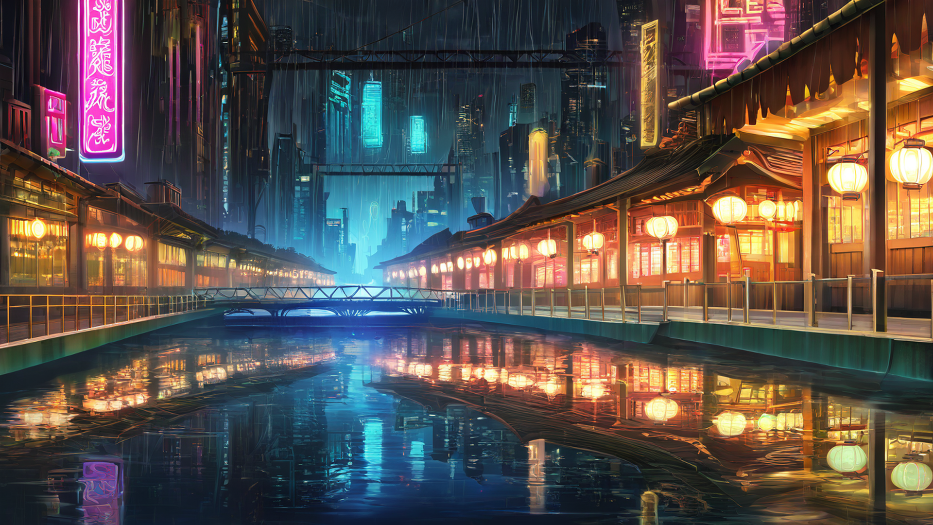cyberpunk bridge lofi wallpaper