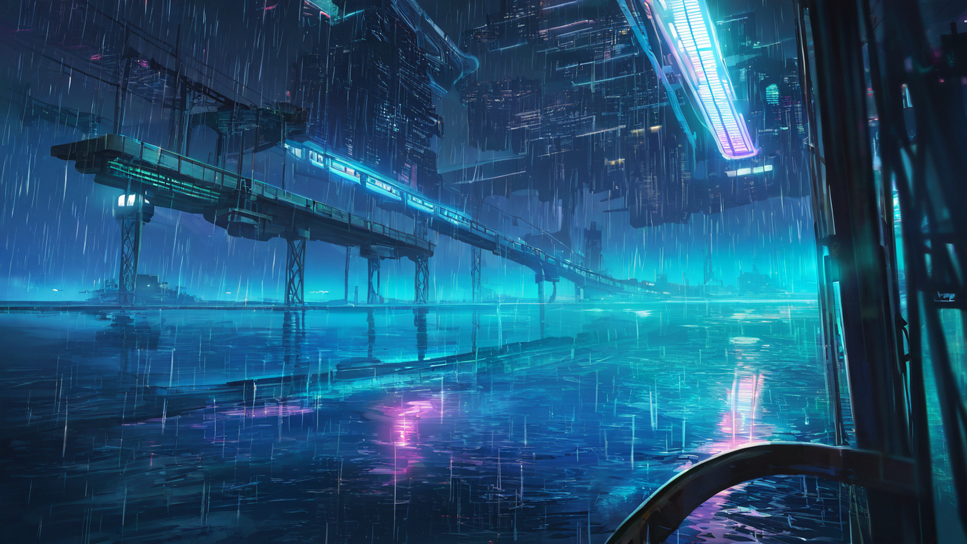 cyberpunk bridge lofi wallpaper