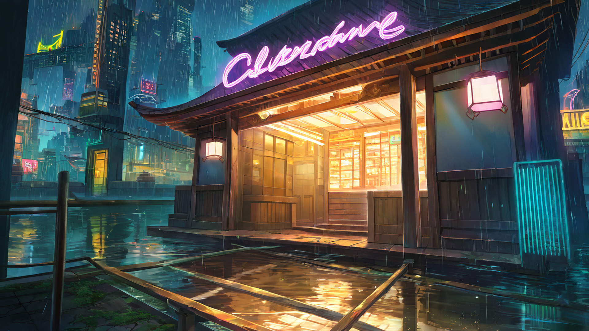 cyberpunk bridge lofi wallpaper