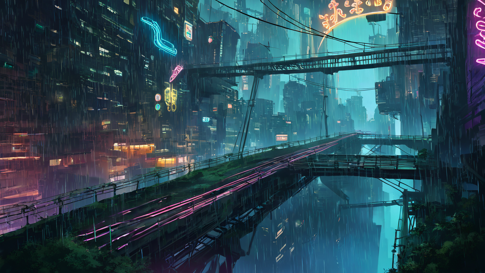 cyberpunk bridge lofi wallpaper